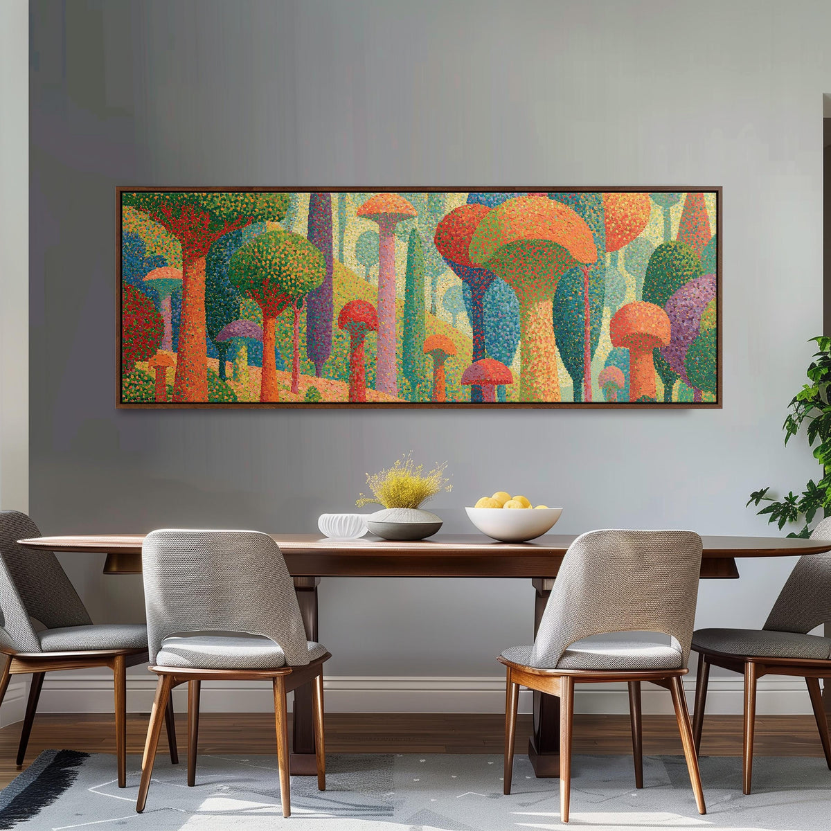 Teal mushroom woodland long horizontal canvas print above a dining table