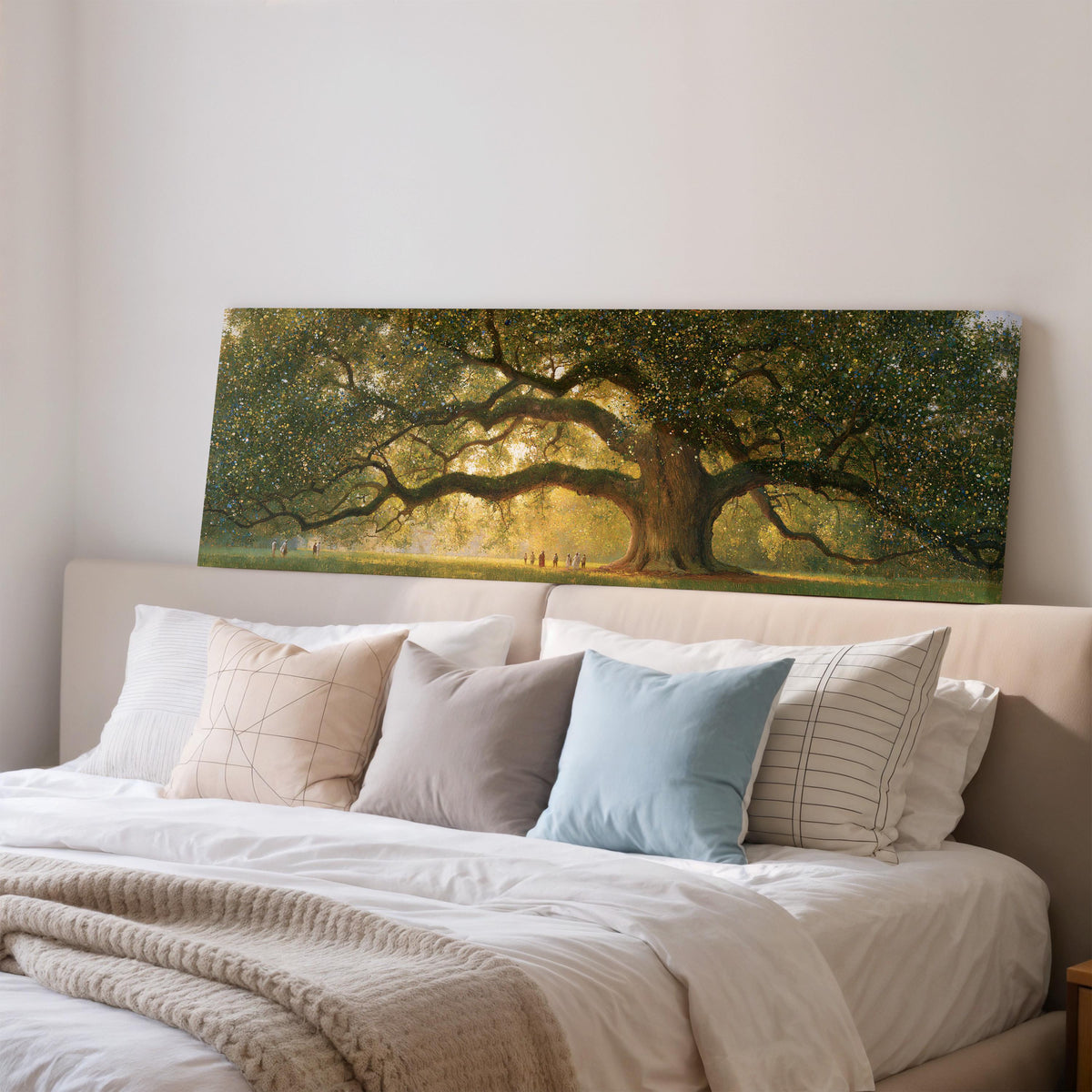 Golden oak tree in a park wide panoramic canvas print above a bed in a bedroom