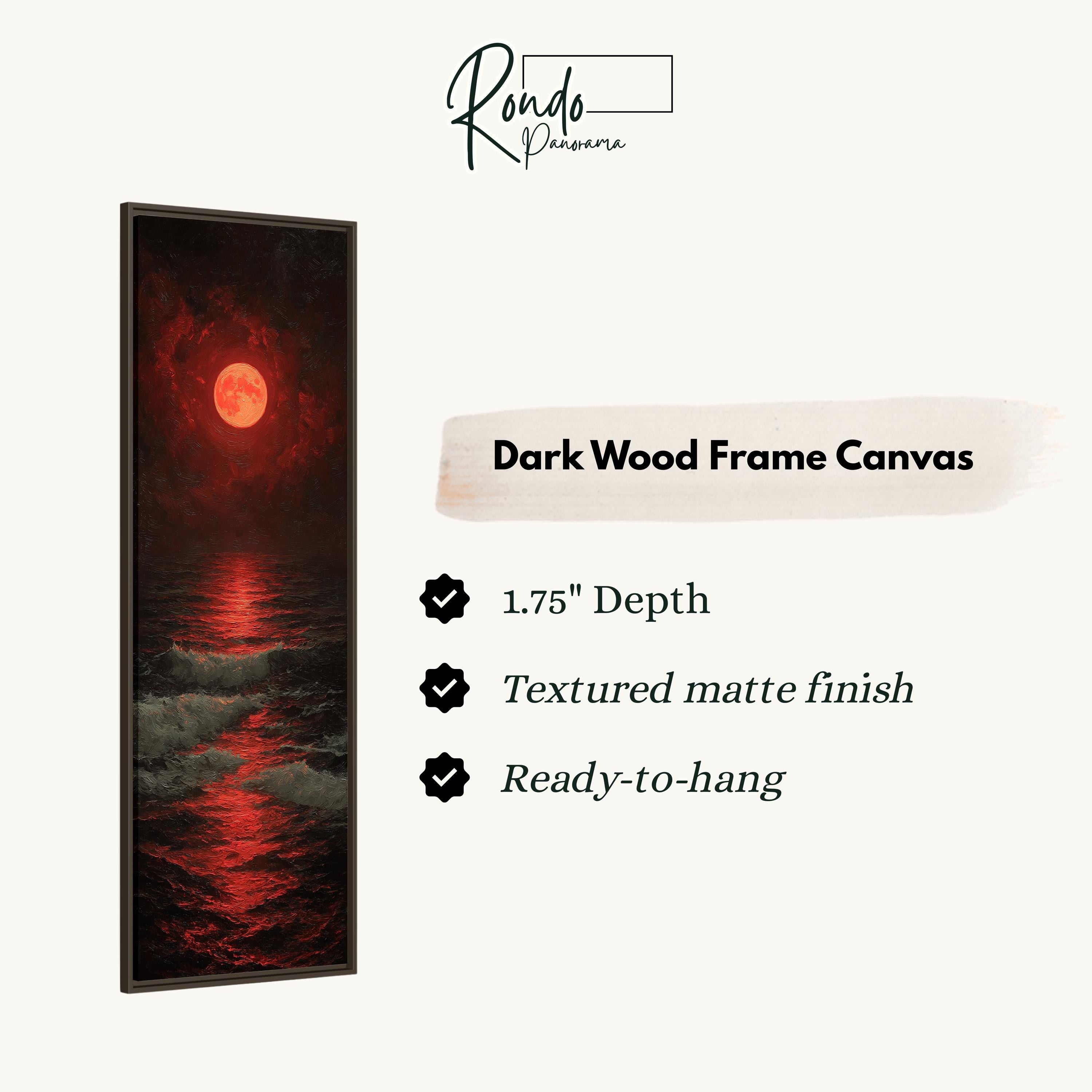 The image is a dark wood frame canvas depicting a red moon over a body of water, with a text box providing details about the artwork.