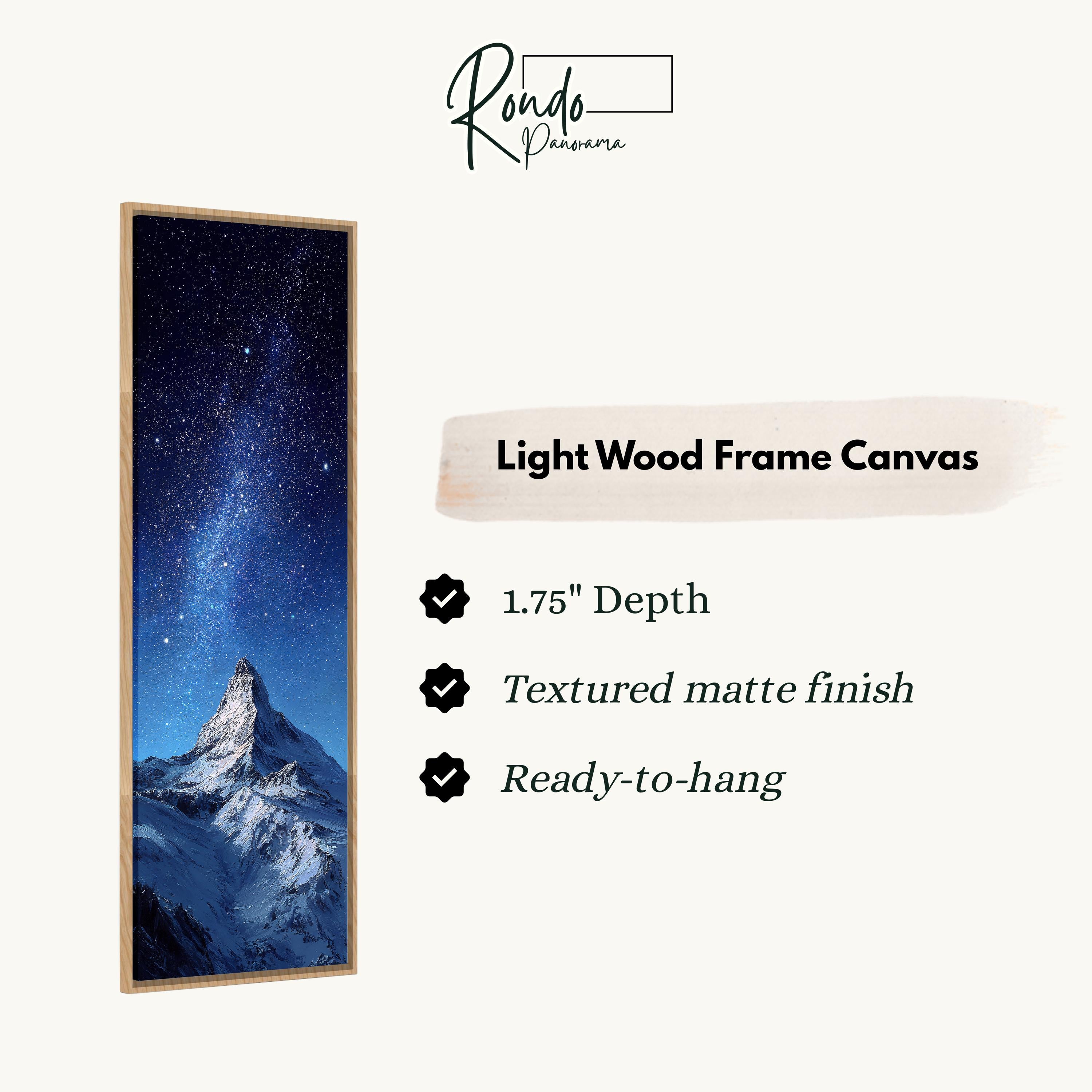 The image is a light wood frame canvas depicting a mountain landscape under a starry night sky.