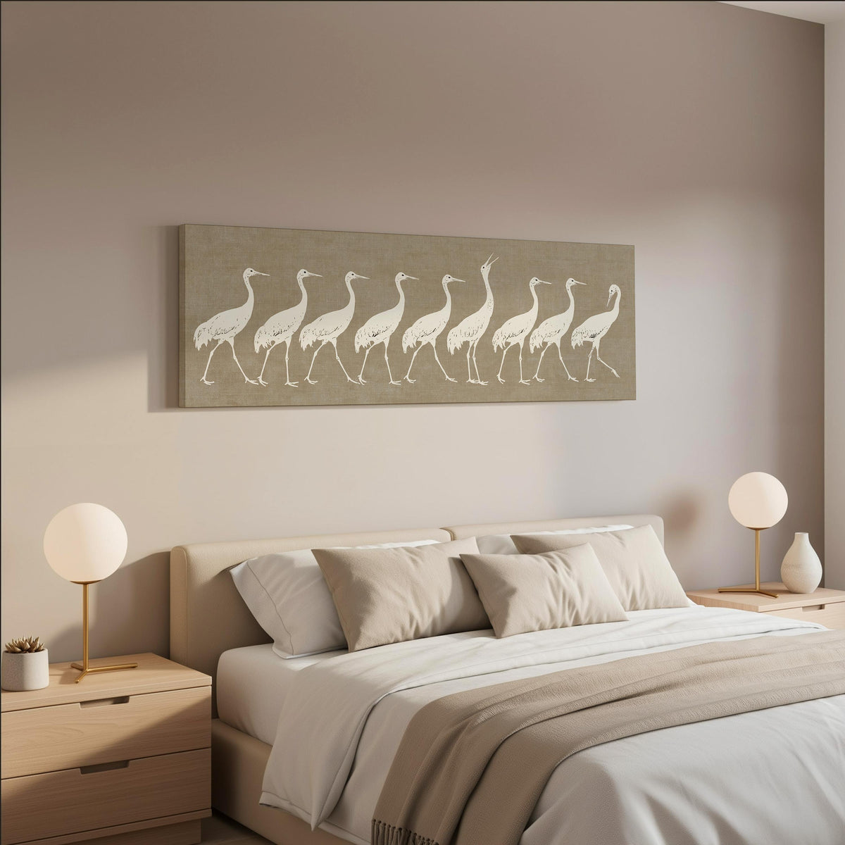 Procession of white cranes on linen wide panoramic canvas print above a bed in a neutral bedroom