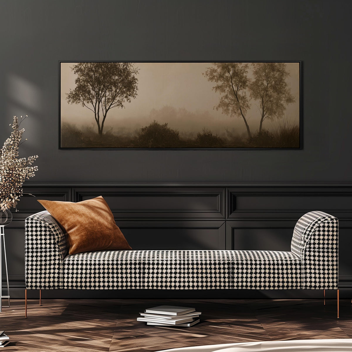 Two trees in sepia fog wide panoramic canvas print above a bench in a dark living room