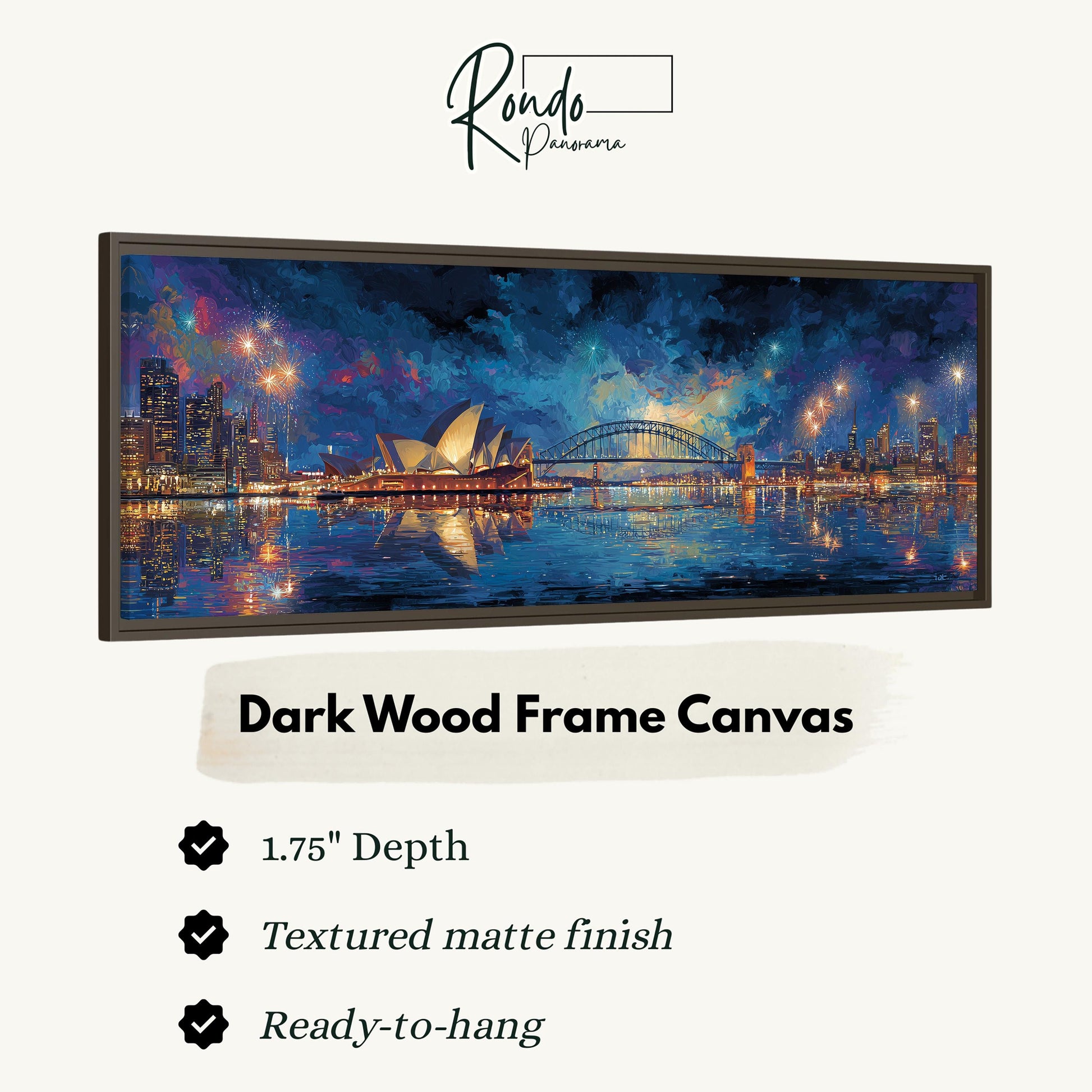 The image is a framed canvas depicting a nighttime cityscape with a bridge and water reflecting the lights.