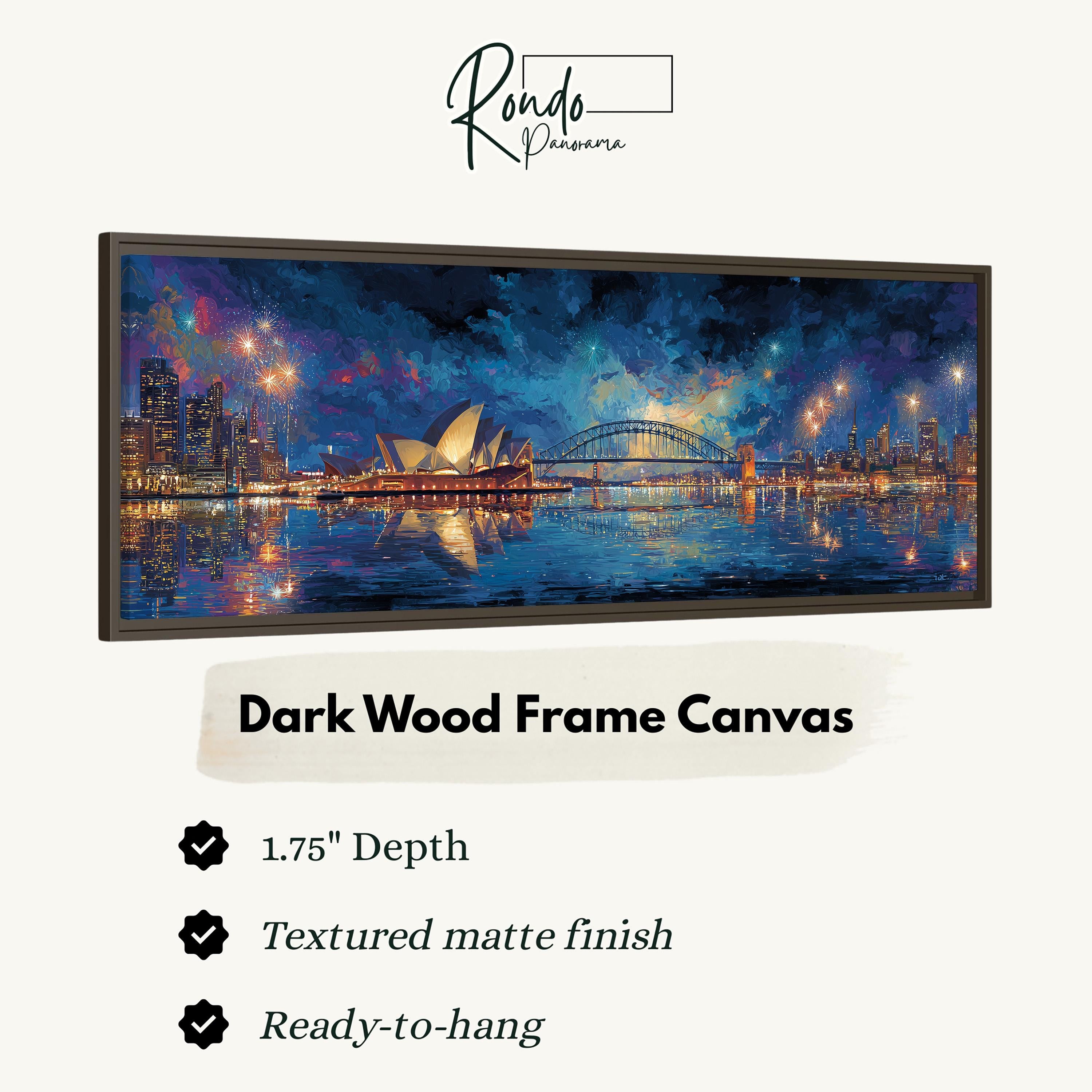 The image is a framed canvas depicting a nighttime cityscape with a bridge and water reflecting the lights.