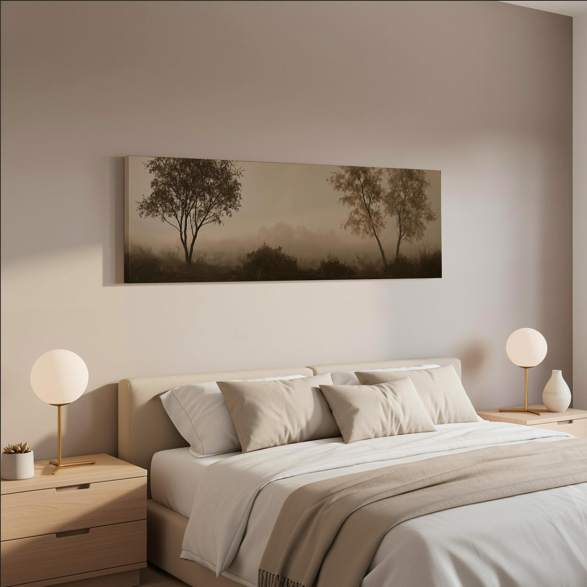 Two trees in sepia fog wide panoramic canvas print above a bed in a neutral bedroom