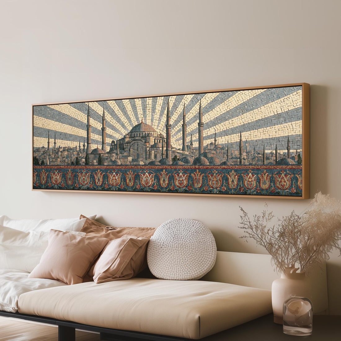 Istanbul skyline at sunrise long horizontal canvas print above a sofa in a living room
