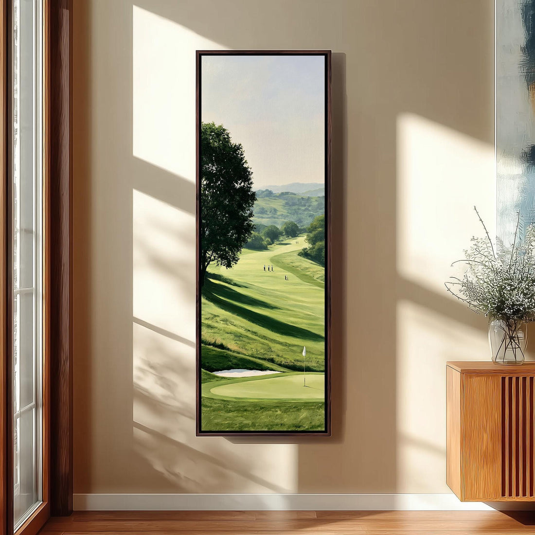 Golf green and fairway on a summer day long vertical canvas print in a sunlit living space