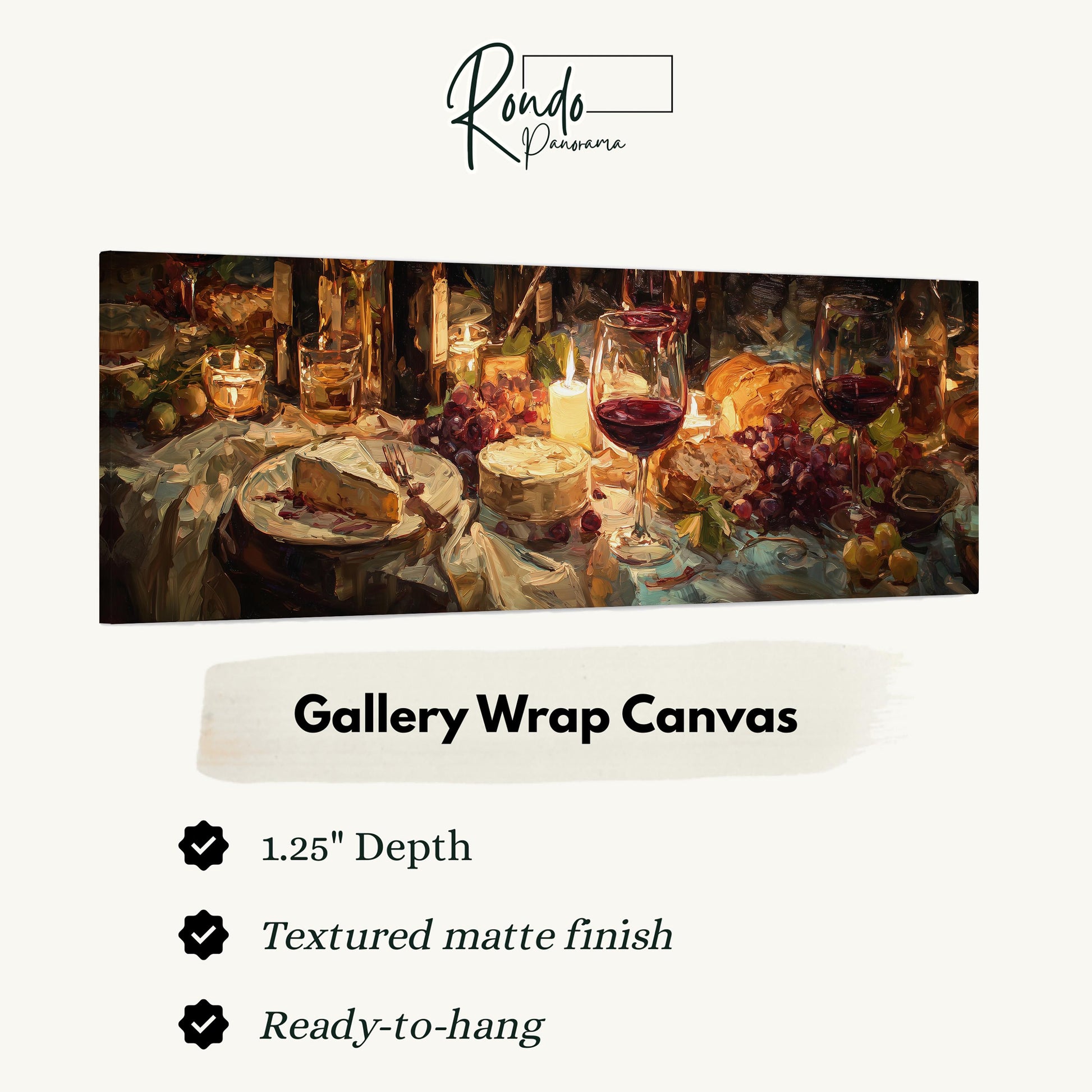 The image is a painting of a table set with food and wine, featuring a variety of dishes, wine glasses, and candles.