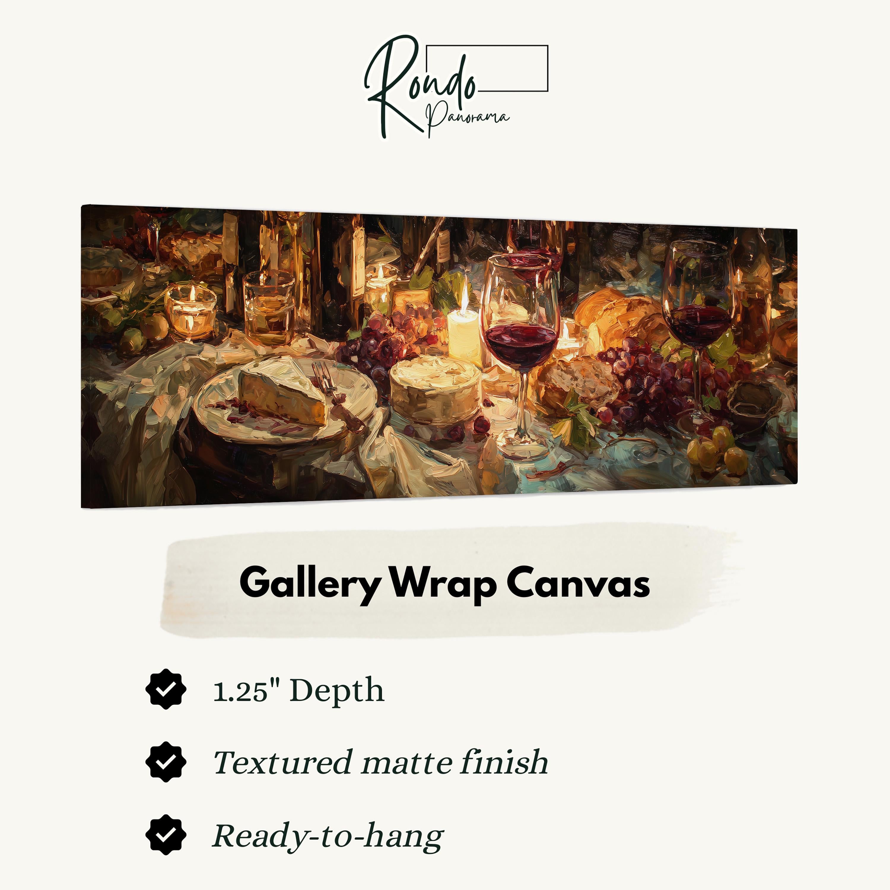 The image is a painting of a table set with food and wine, featuring a variety of dishes, wine glasses, and candles.