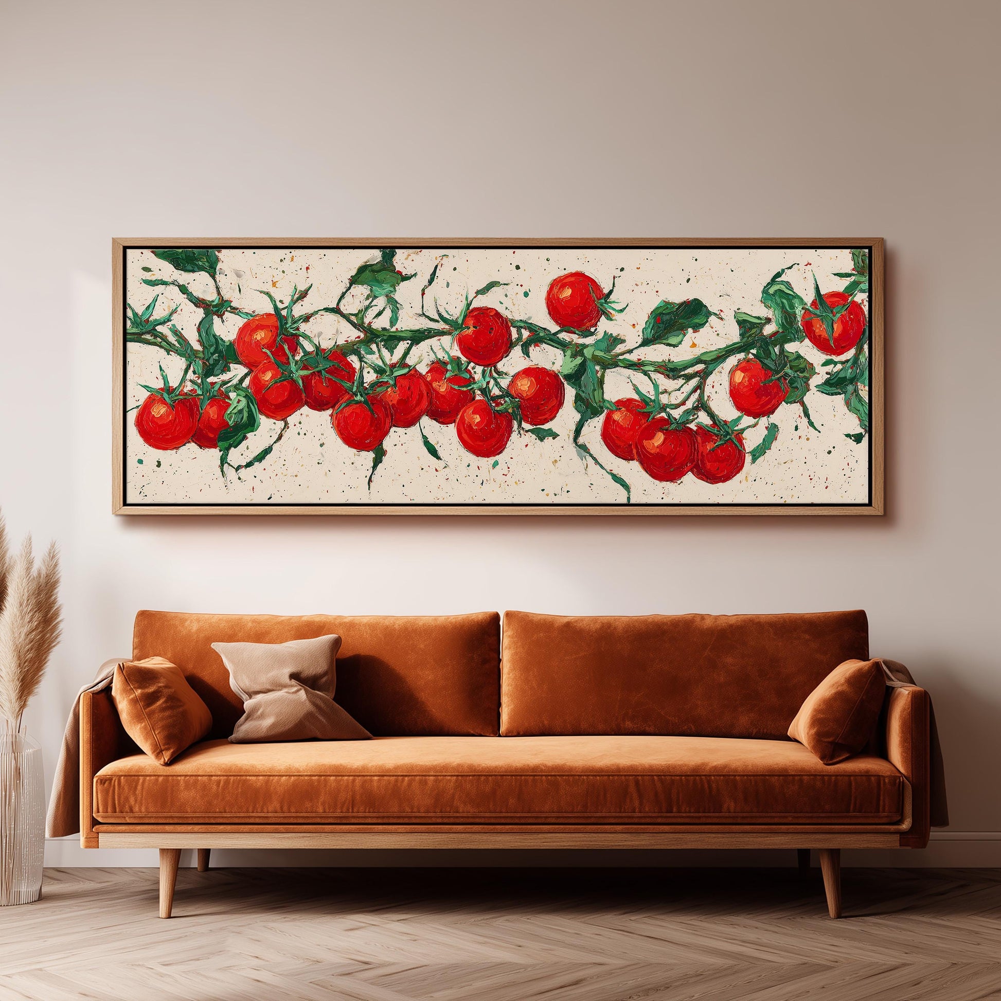 a large painting of a tomato plant hanging on a wall above a brown sofa.