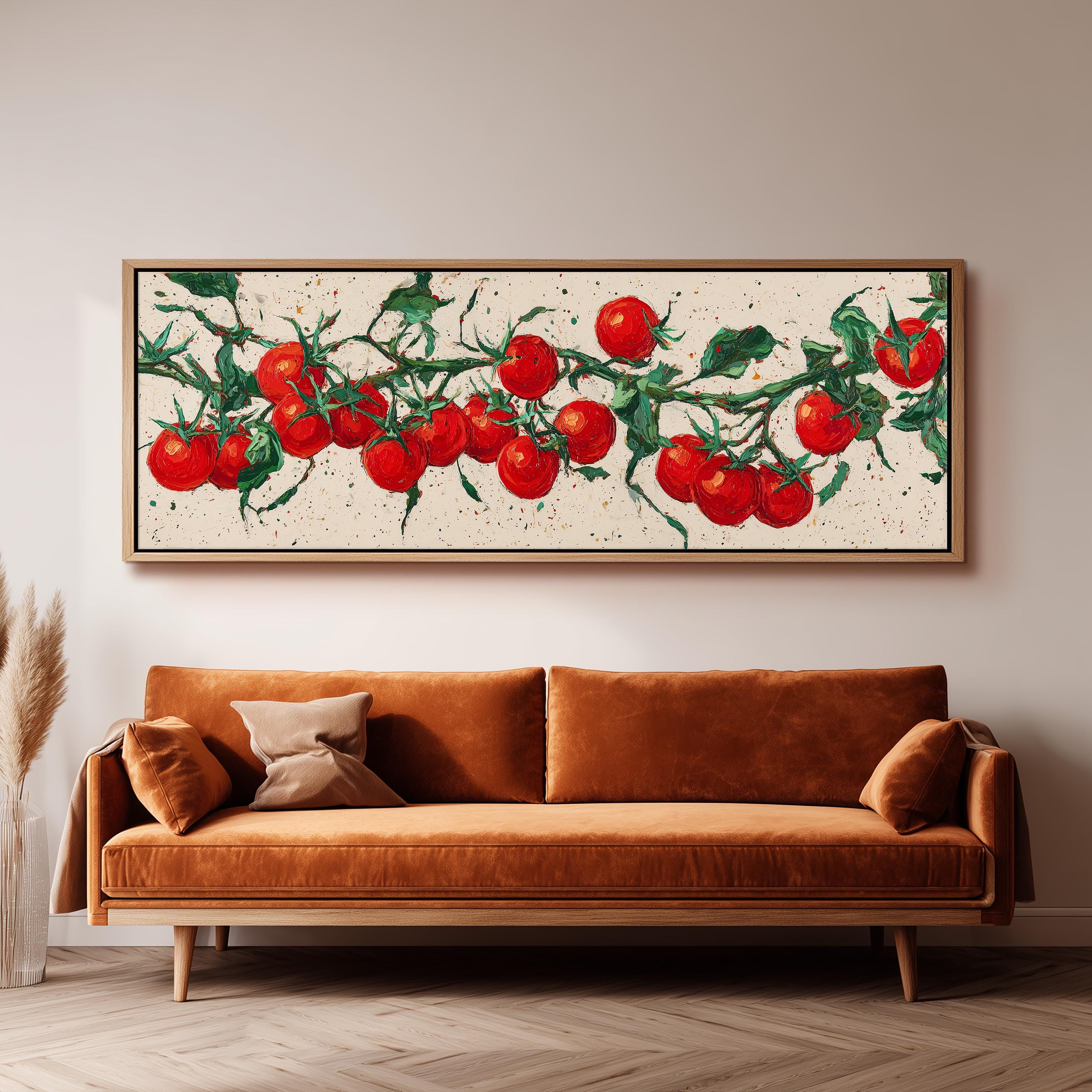 a large painting of a tomato plant hanging on a wall above a brown sofa.