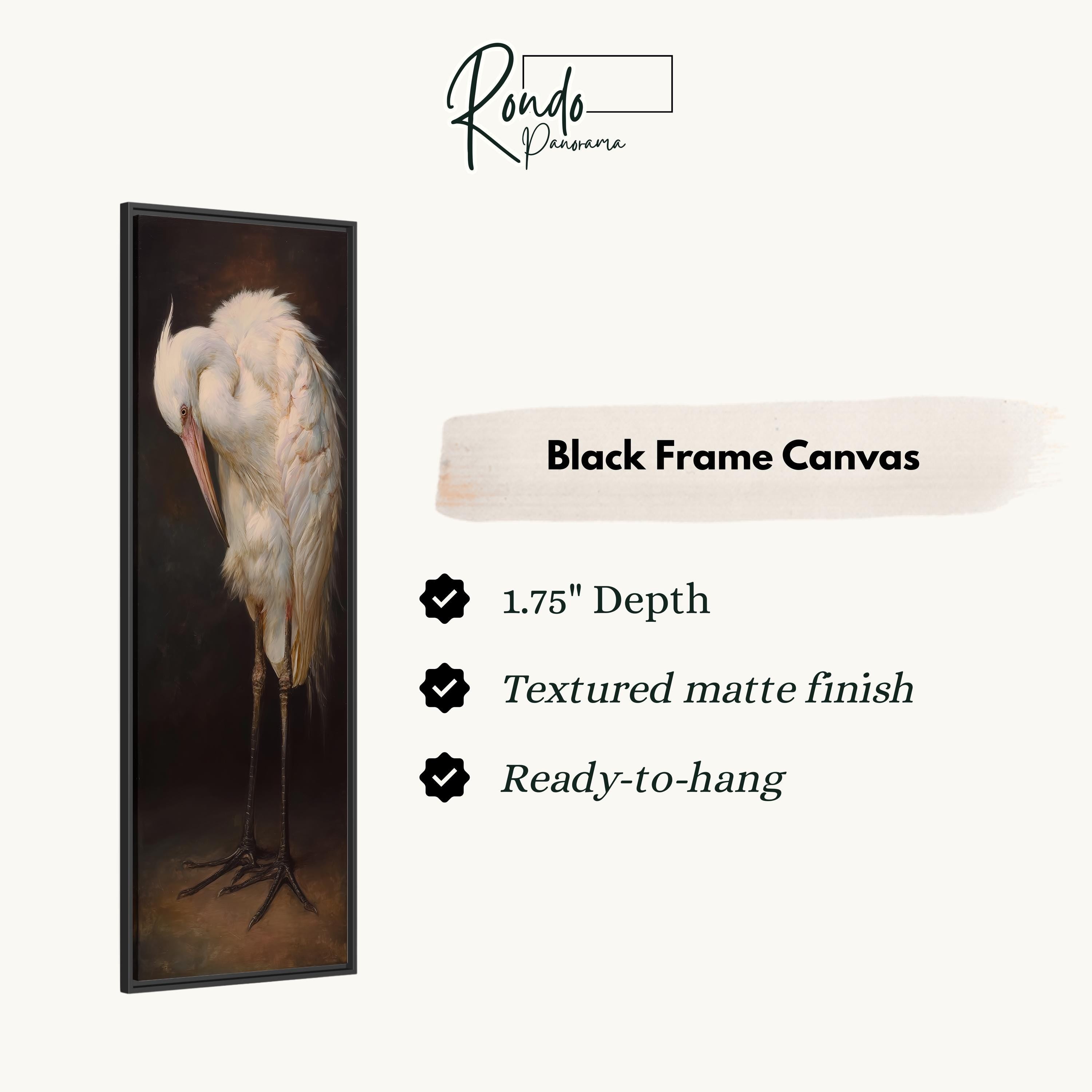 The image is a black frame canvas depicting a white heron standing on one leg.