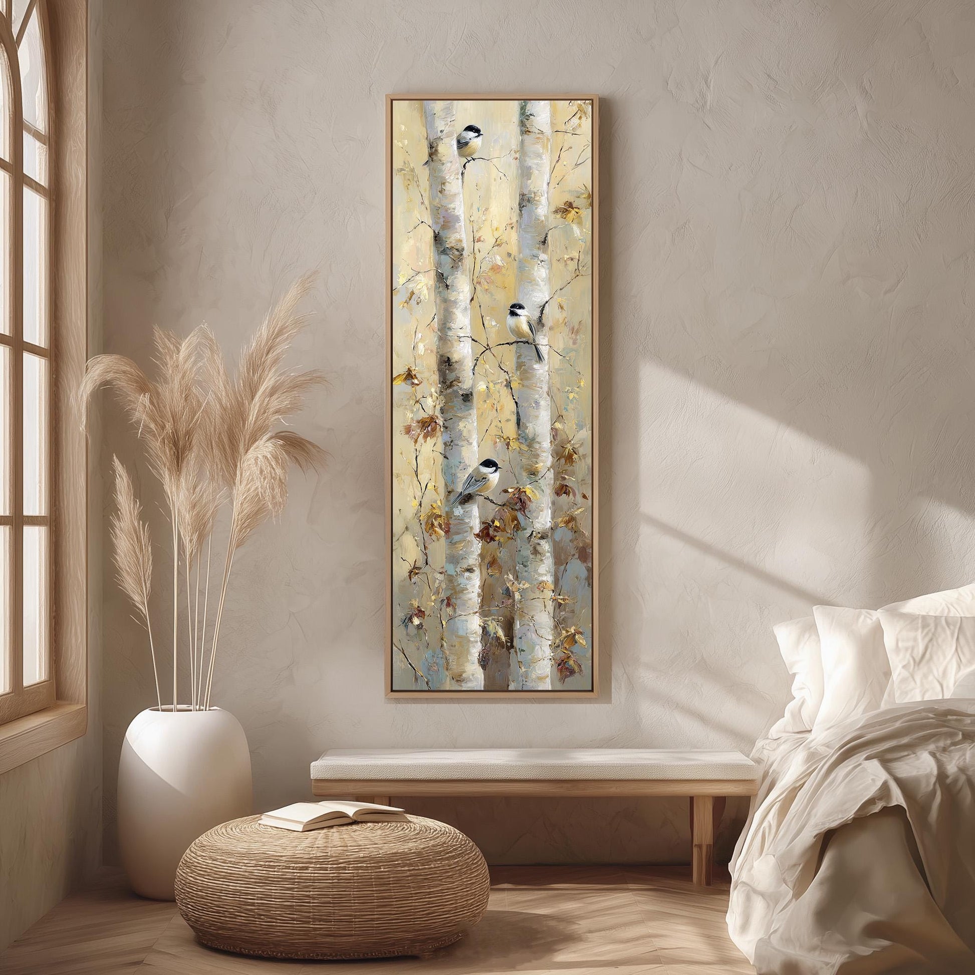 a serene bedroom setting with a large painting of birch trees hanging on the wall, a white bed with a white pillow, a white vase with tall reeds, and a woven ottoman.
