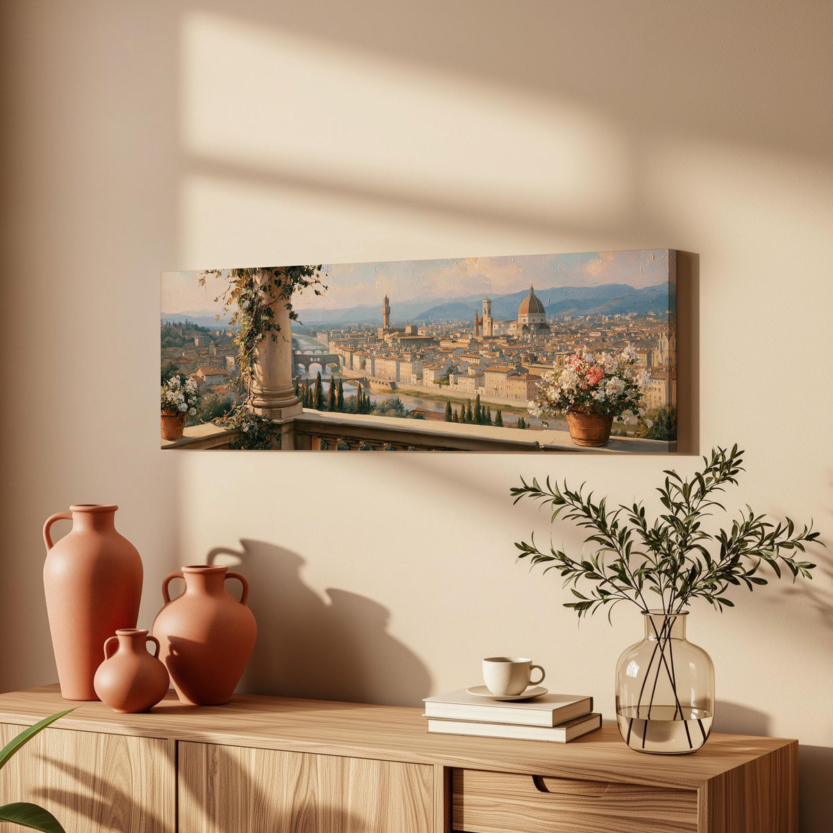 Florence skyline from a flowered balcony long horizontal canvas print above a wooden sideboard