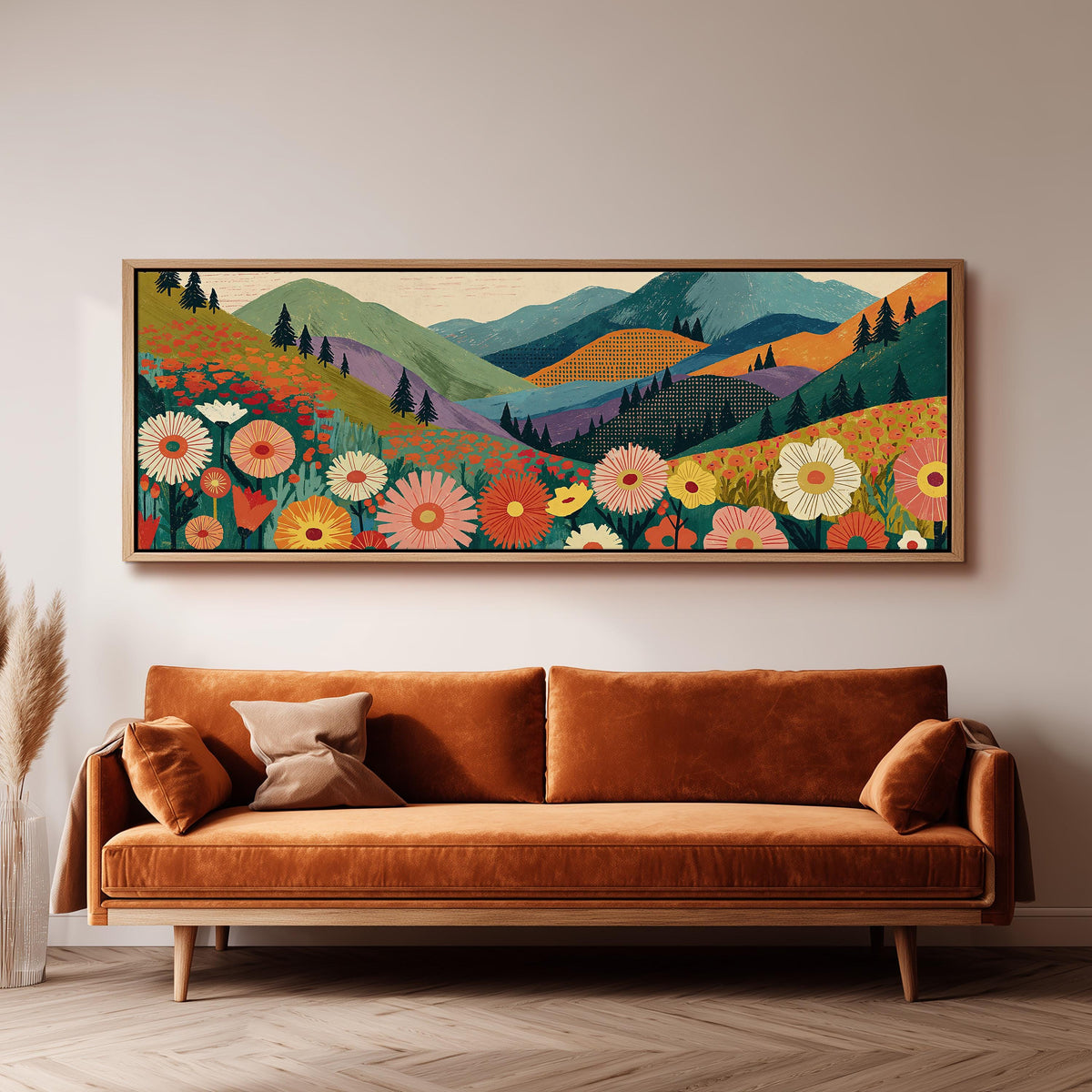 Wildflower valley below patterned mountains wide panoramic canvas print above a bench in a dark living room