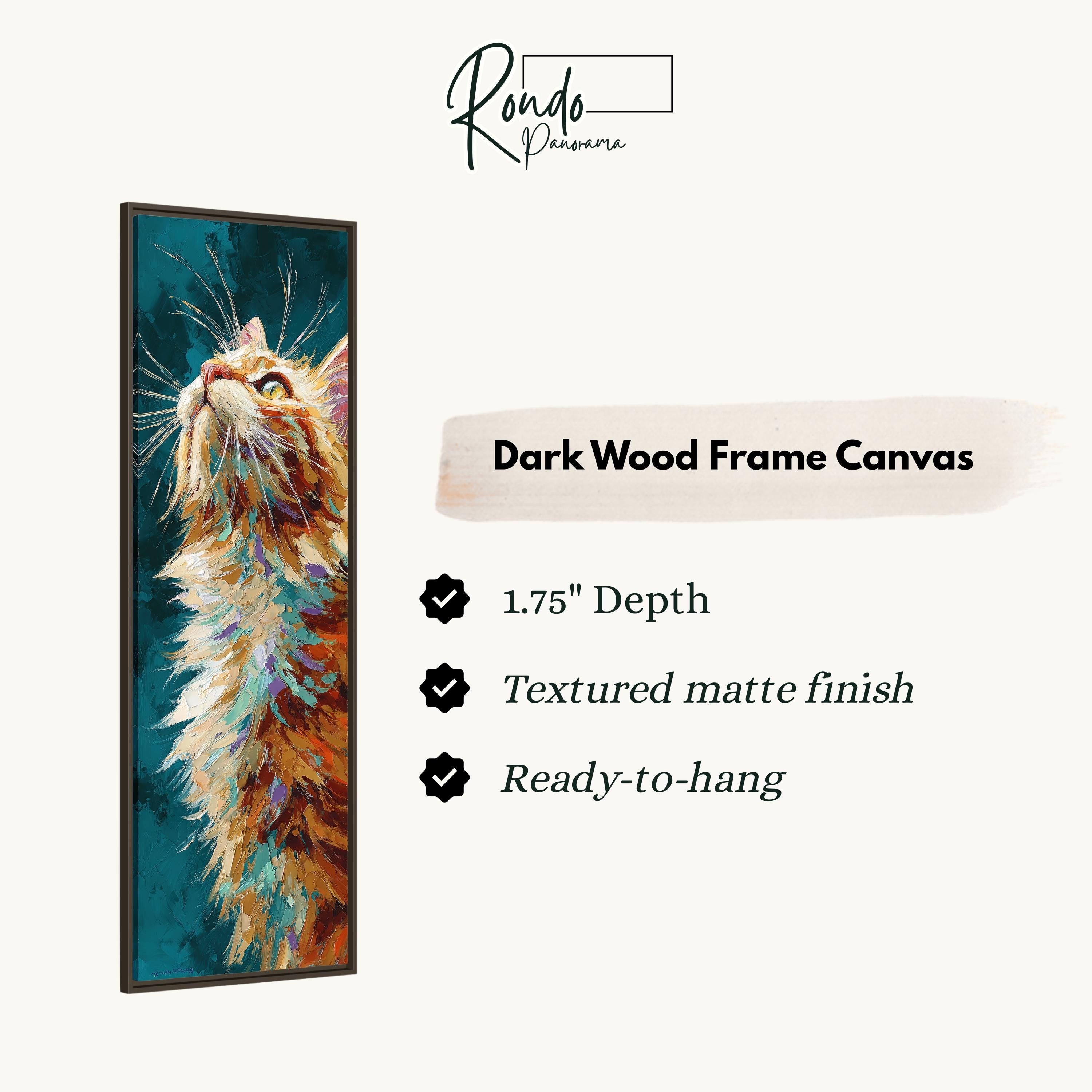 The image is a rectangular dark wood frame canvas featuring a close-up of a cat's face with a textured finish.