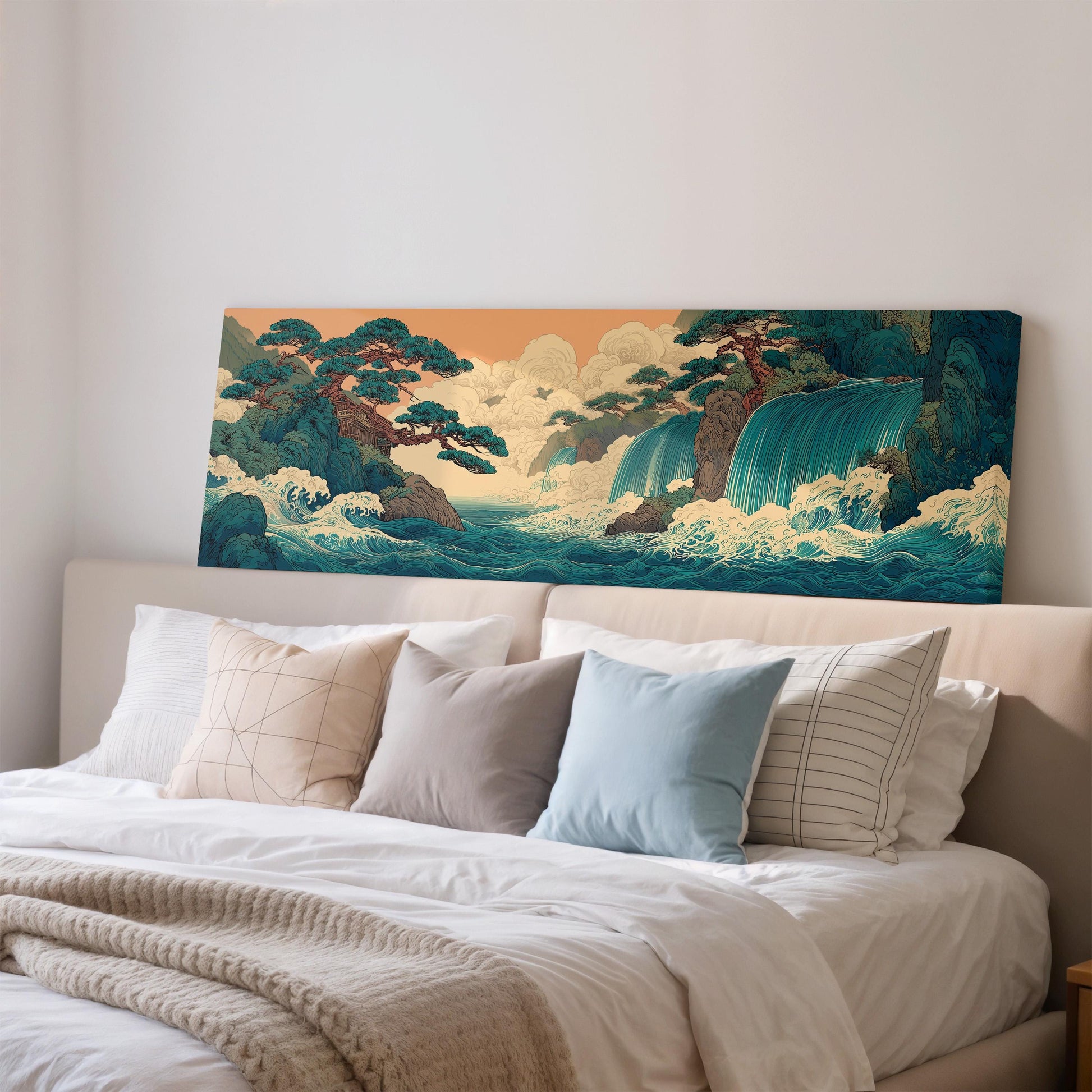 a large, colorful painting of a landscape with a waterfall and trees, hanging on the wall above a bed with white pillows and a gray blanket.