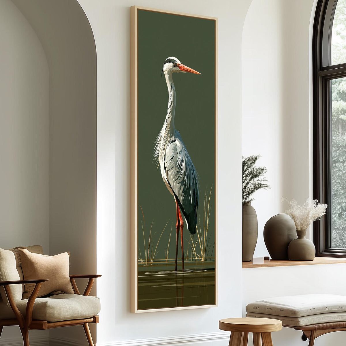 Grey heron standing on olive green tall skinny canvas print in a sunlit living space