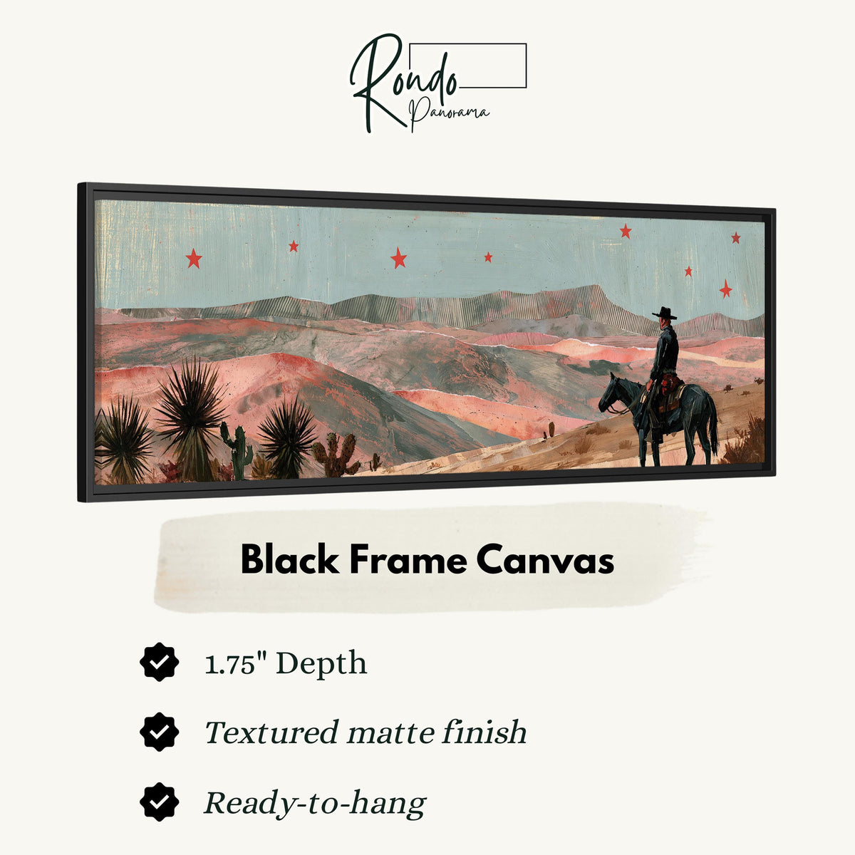 Desert cowboy under red stars canvas print in a black floating frame