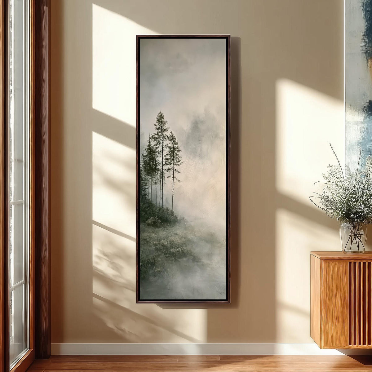 Monochrome pines in heavy mist tall skinny canvas print in a sunlit living space