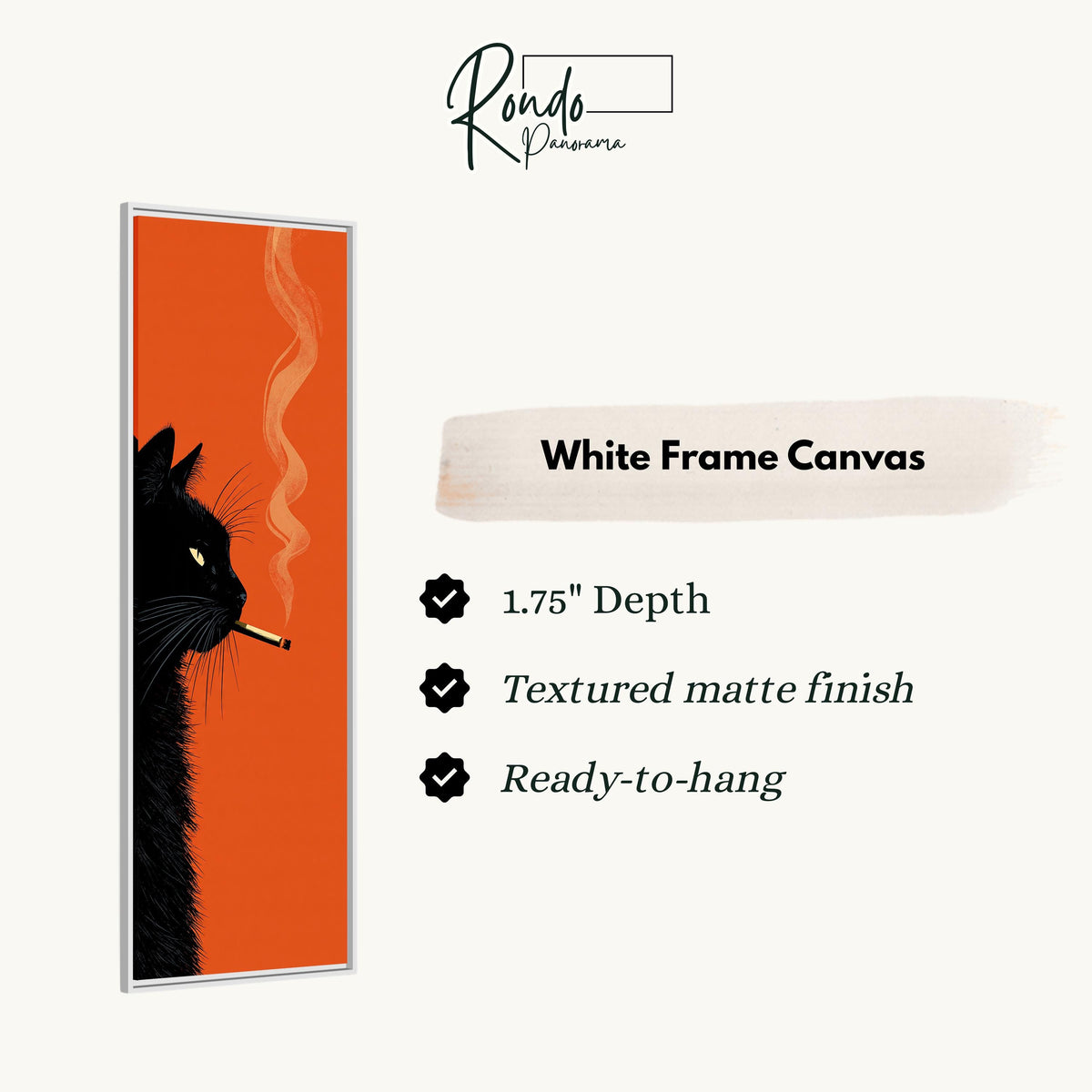 Black cat profile with curling smoke on orange canvas print in a white floating frame