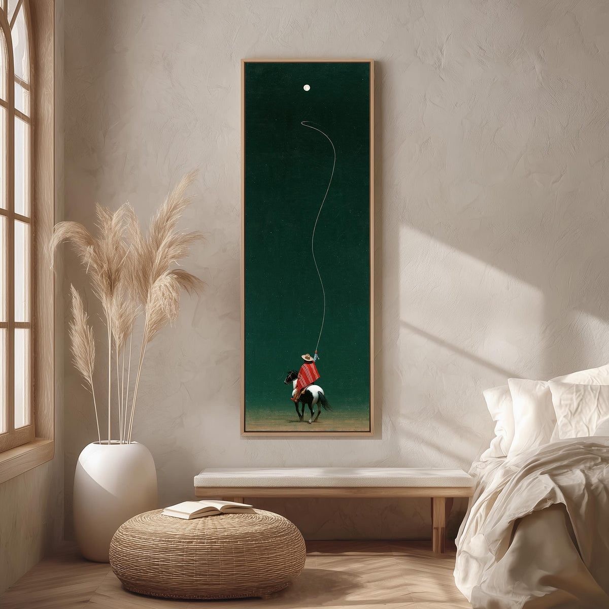 Cowboy throwing a lasso toward the moon long vertical canvas print in a bright reading corner
