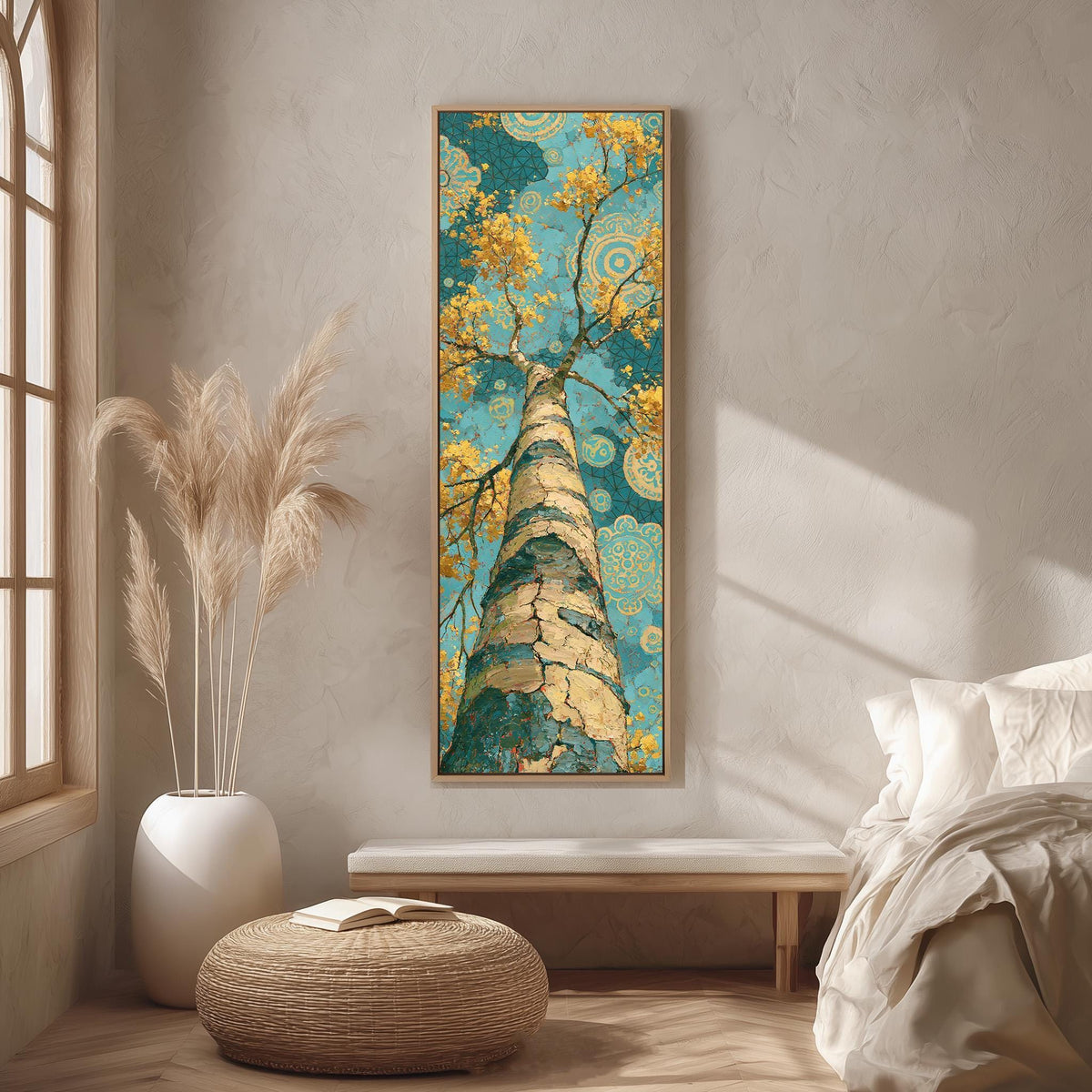 Golden birch tree rising into a mandala sky long vertical canvas print in a bright reading corner