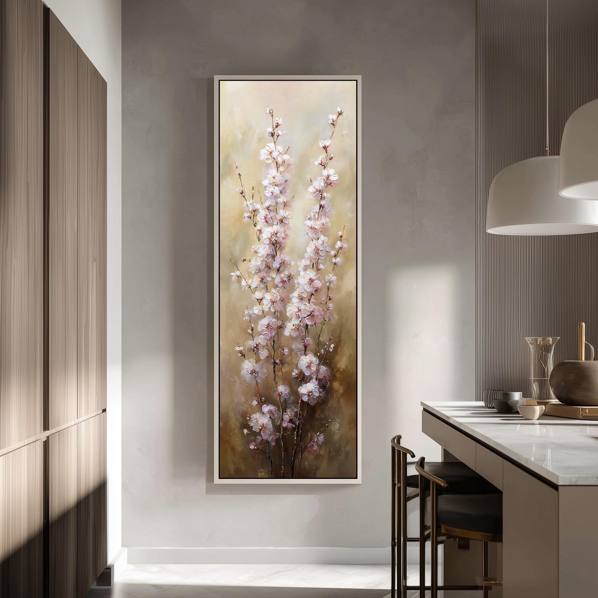 a large painting of pink flowers hanging on a wall in a modern kitchen.
