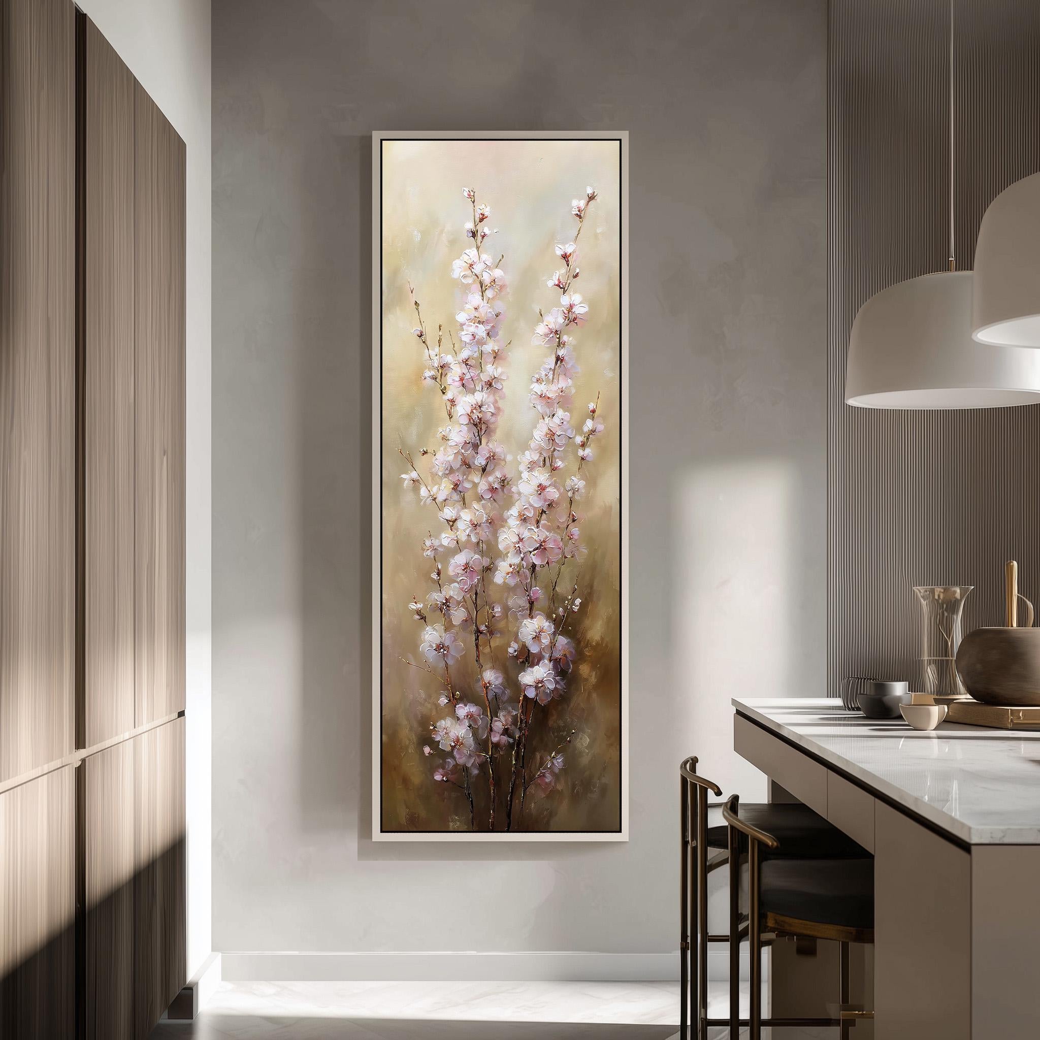 a large painting of pink flowers hanging on a wall in a modern kitchen.