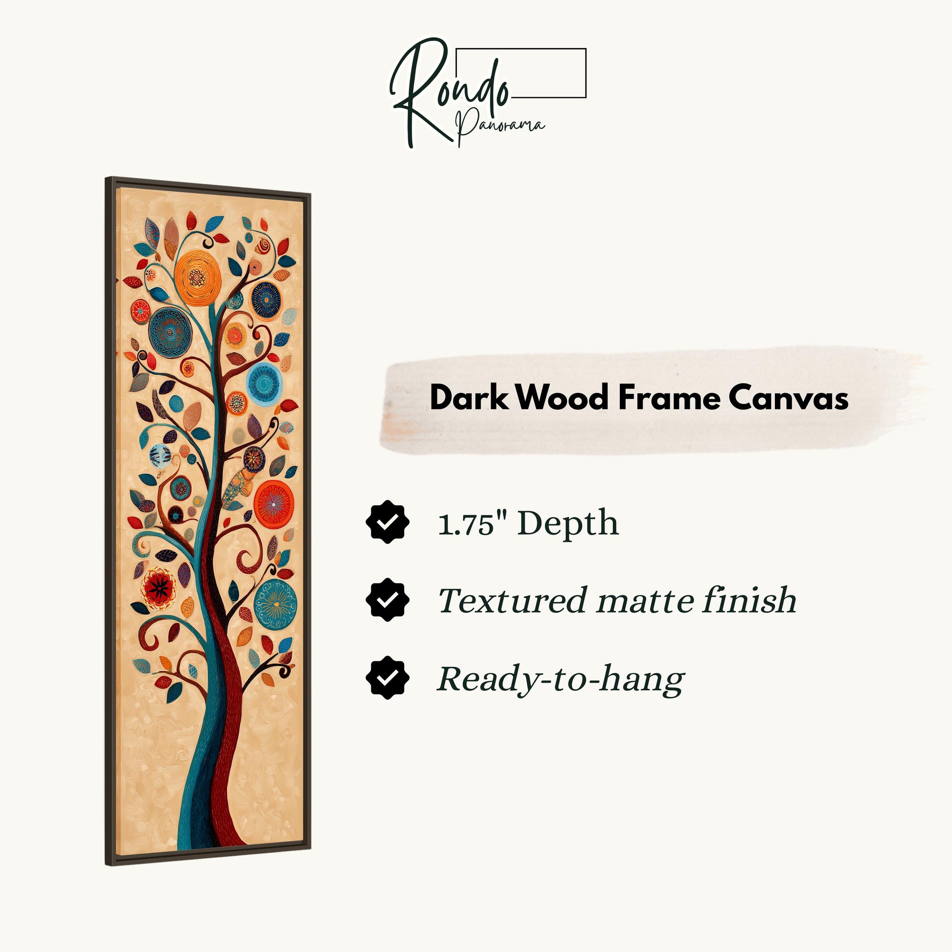 The image is a product advertisement for a dark wood frame canvas. It features a tree with a vibrant, colorful design and provides details about the product, including its dimensions, finish, and hanging capabilities.