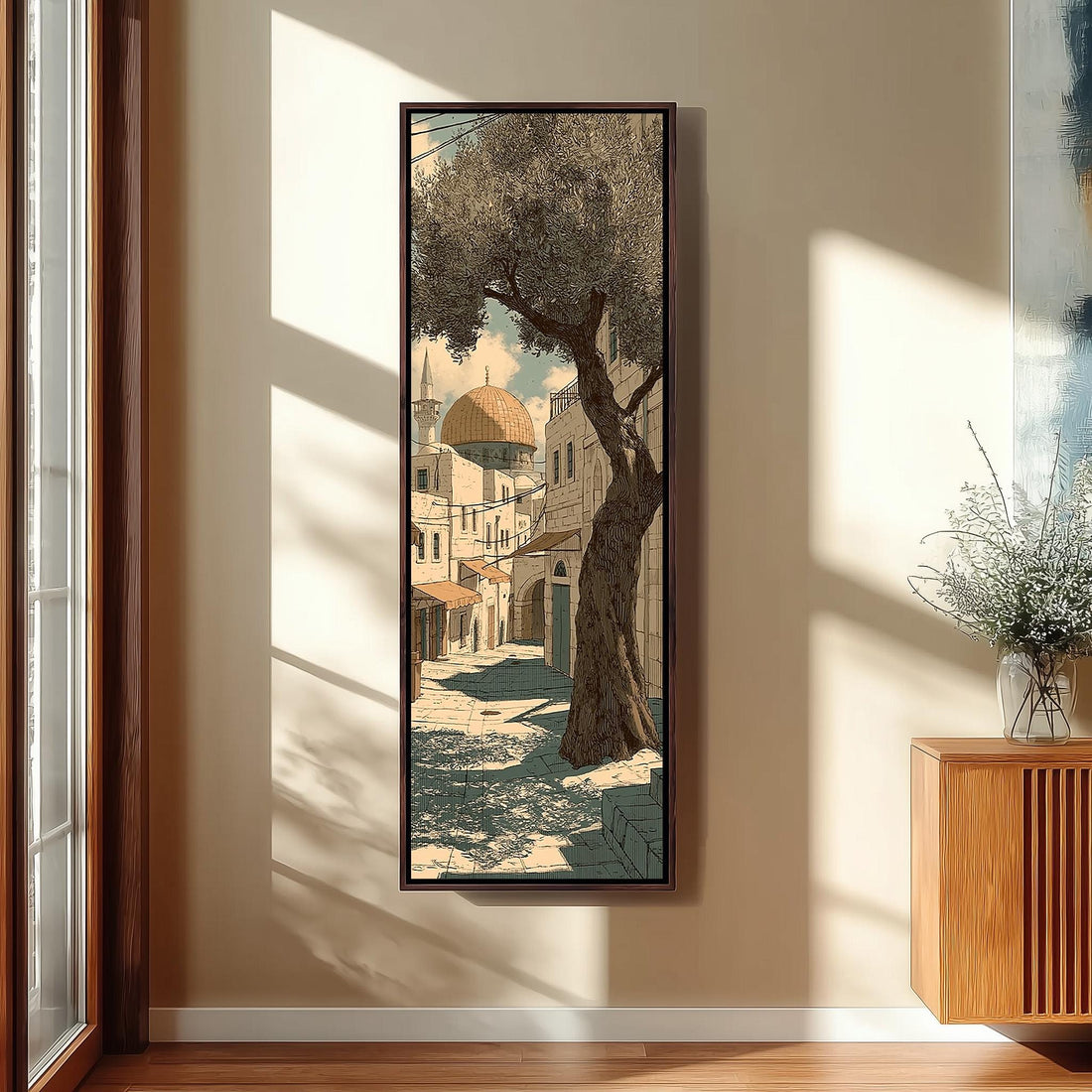 Jerusalem old city street with an olive tree long vertical canvas print in a sunlit living space