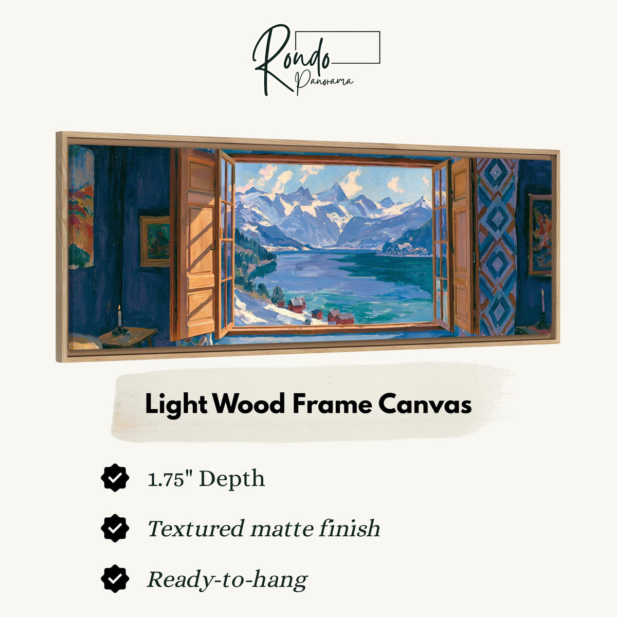 Snowy alpine lake seen through a window canvas print in a light wood floating frame