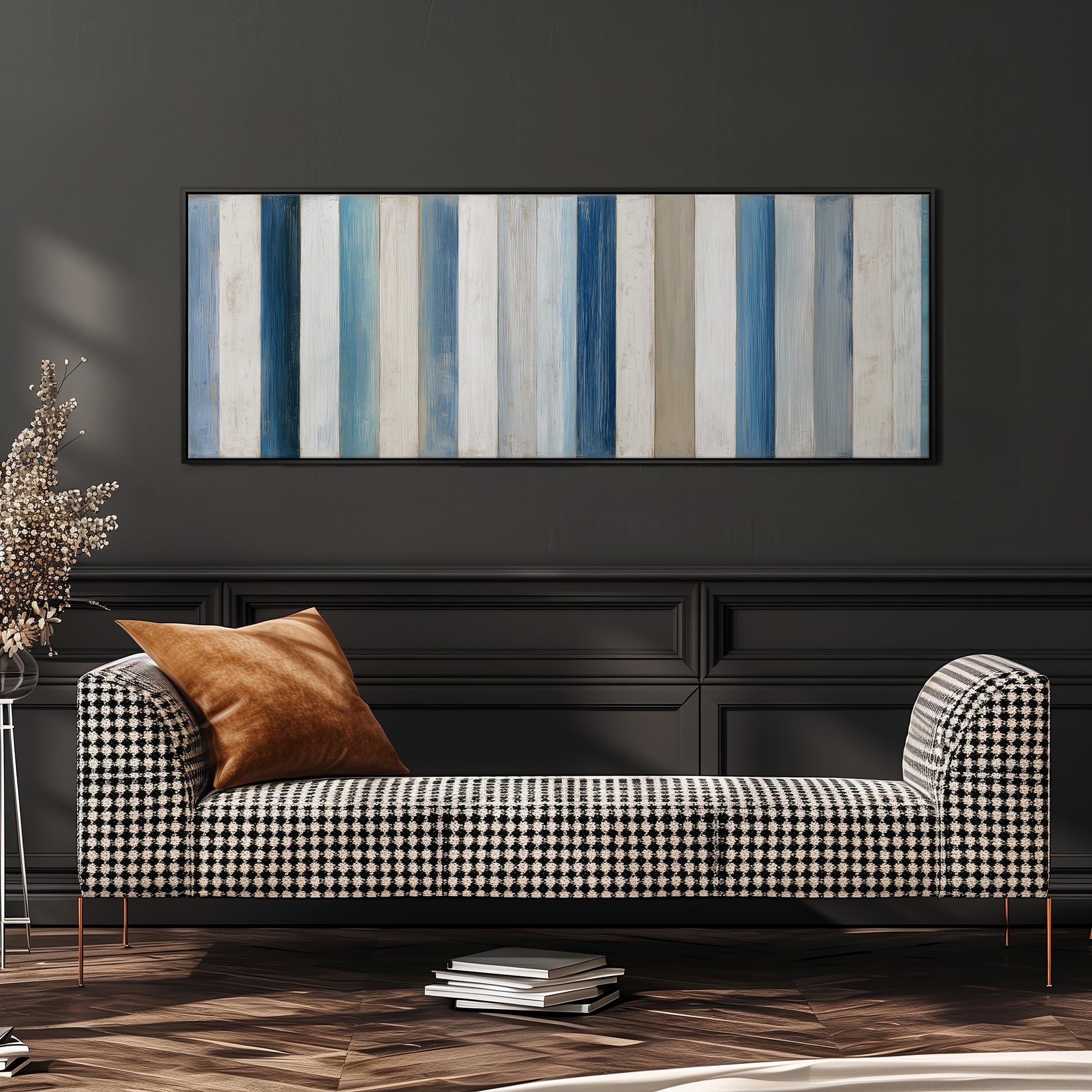 a modern living room with a black and white checkered sofa, a wooden coffee table, and a large abstract painting on the wall.