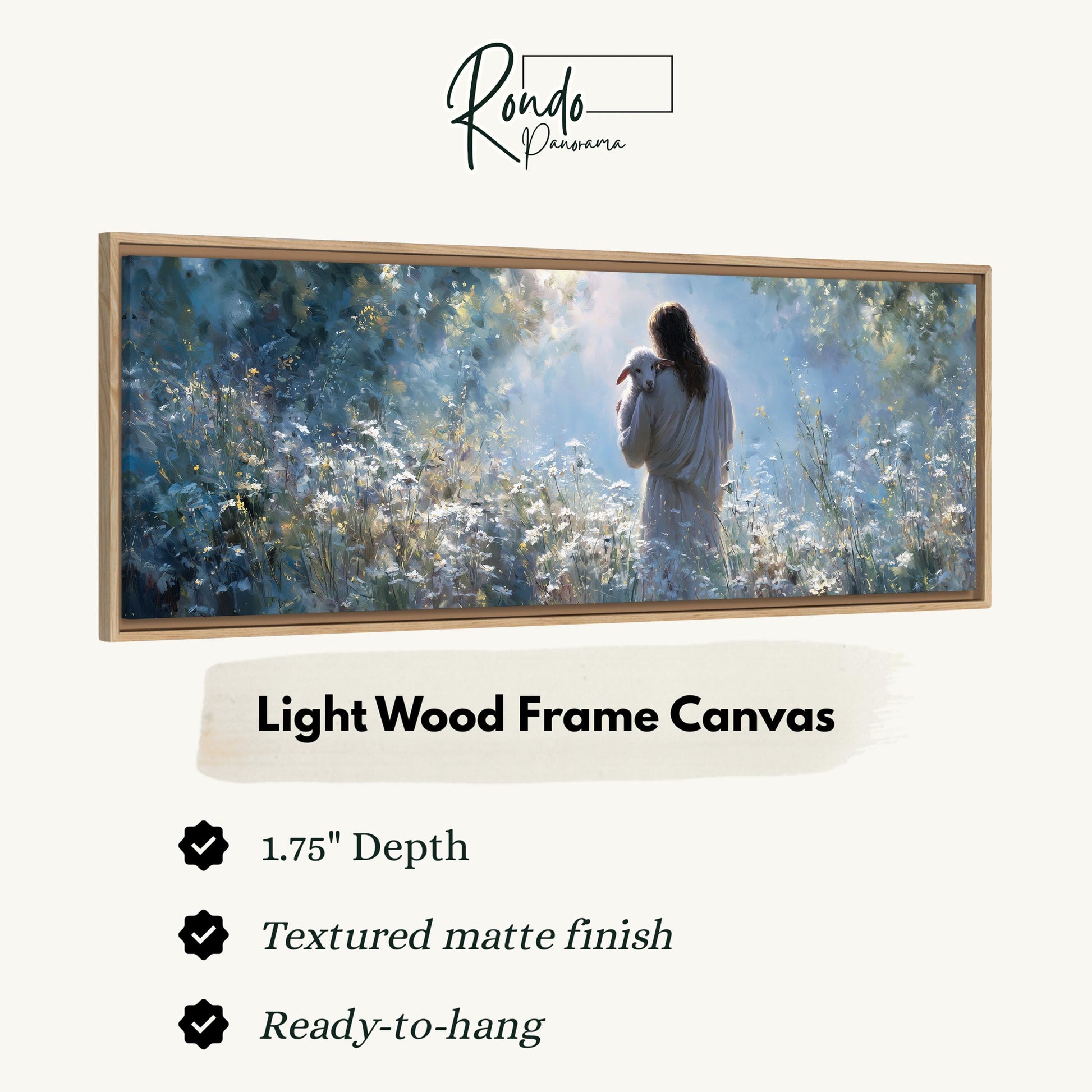 The image is a framed painting depicting a woman standing in a field of flowers, with a textured finish and a light wood frame.