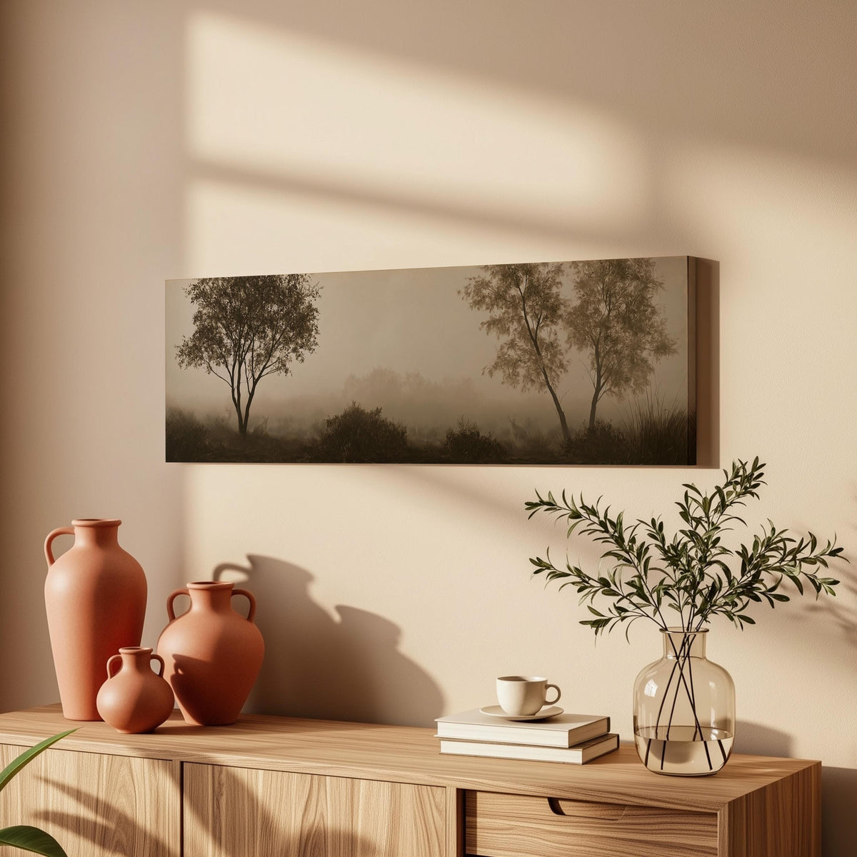 Two trees in sepia fog long horizontal canvas print above a wooden sideboard