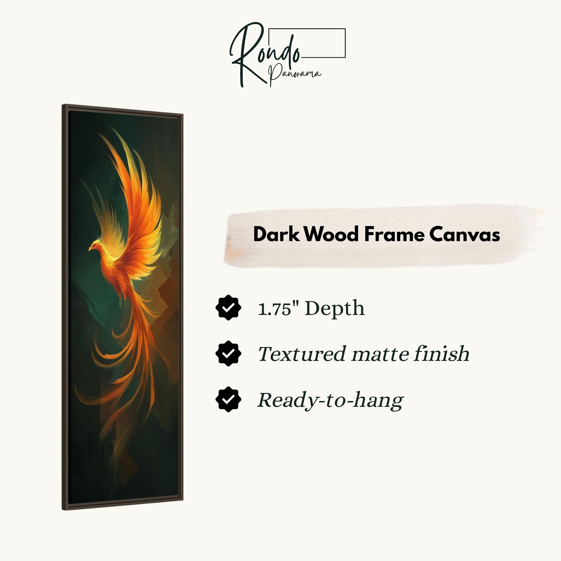 a vibrant, detailed painting of a phoenix in flight, with its wings spread wide and its body adorned with a mix of orange and green hues. The painting is set against a dark wood frame, which adds a touch of elegance and sophistication to the overall presentation. The image is described as a "Dark Wood Frame Canvas" and includes several features, such as a 1.75" depth, a textured matte finish, and the ability to hang it.