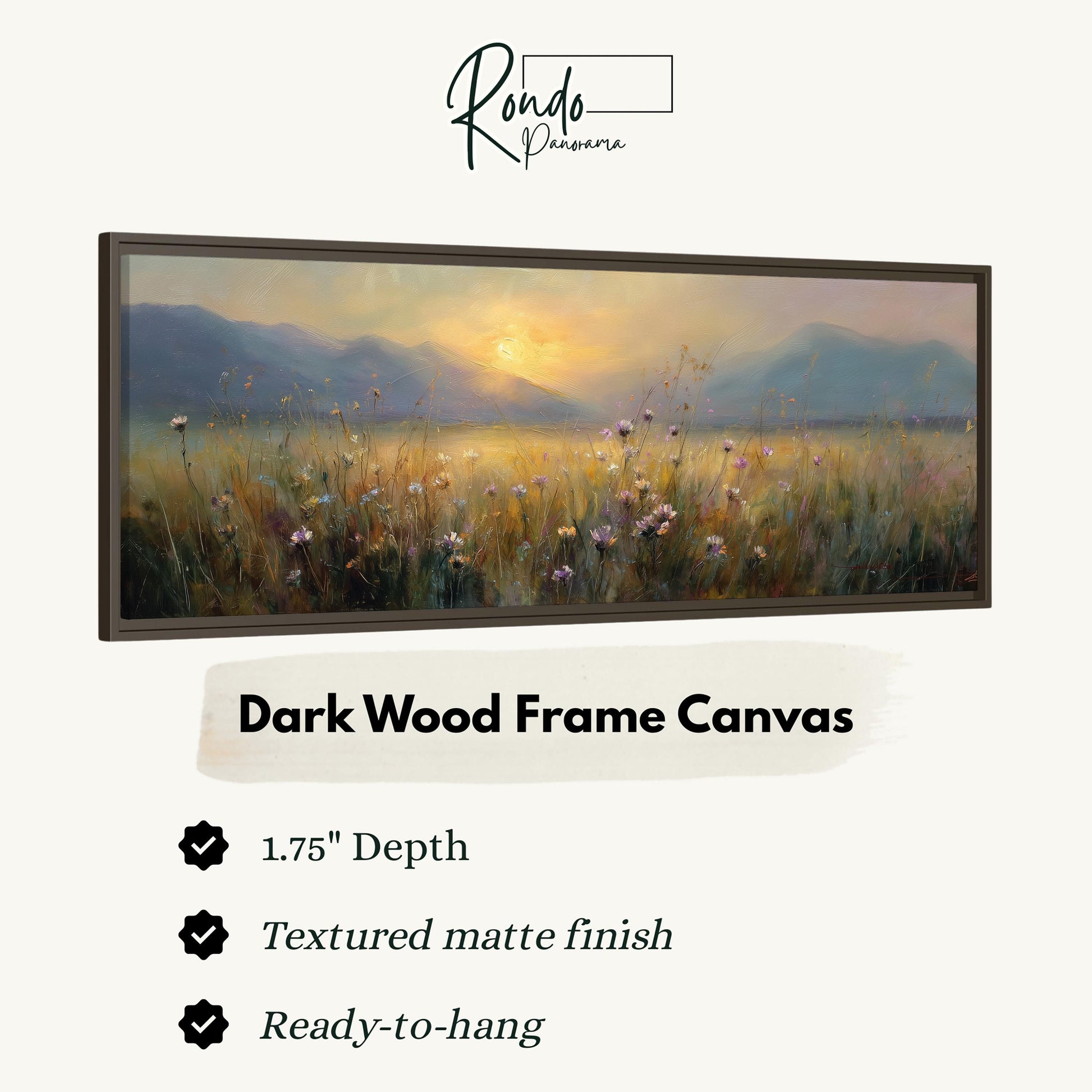 The image is a painting of a field with flowers, and it is a dark wood frame canvas.