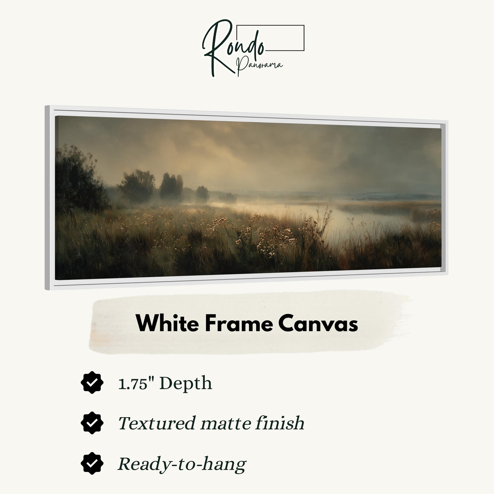The image is a white frame canvas depicting a serene landscape with a field of tall grass and a body of water in the distance.