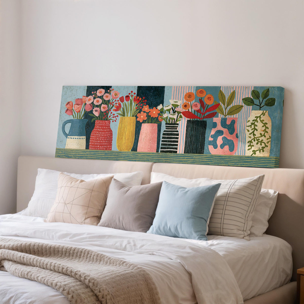 Row of folk art flower vases wide panoramic canvas print above a bed in a bedroom