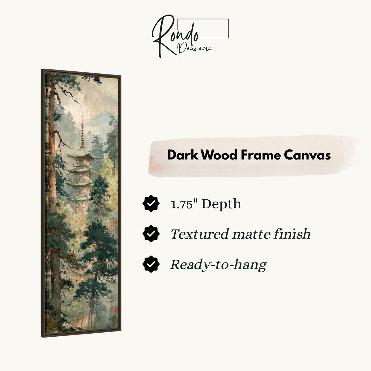 Pagoda in a misty pine forest canvas print in a dark wood floating frame