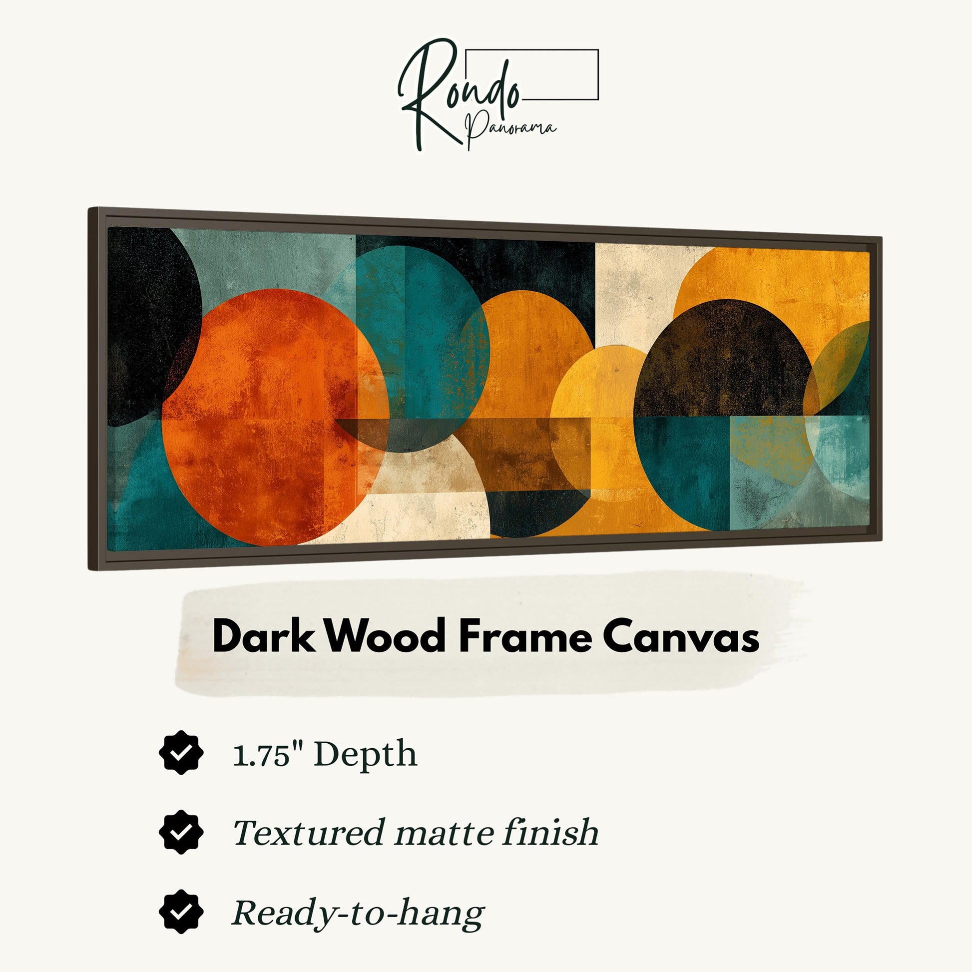 The image is a framed artwork featuring abstract geometric shapes in various colors, including orange, green, and blue. The artwork is described as a "Dark Wood Frame Canvas" with a 1.75" depth, a textured matte finish, and a ready-to-hang condition.