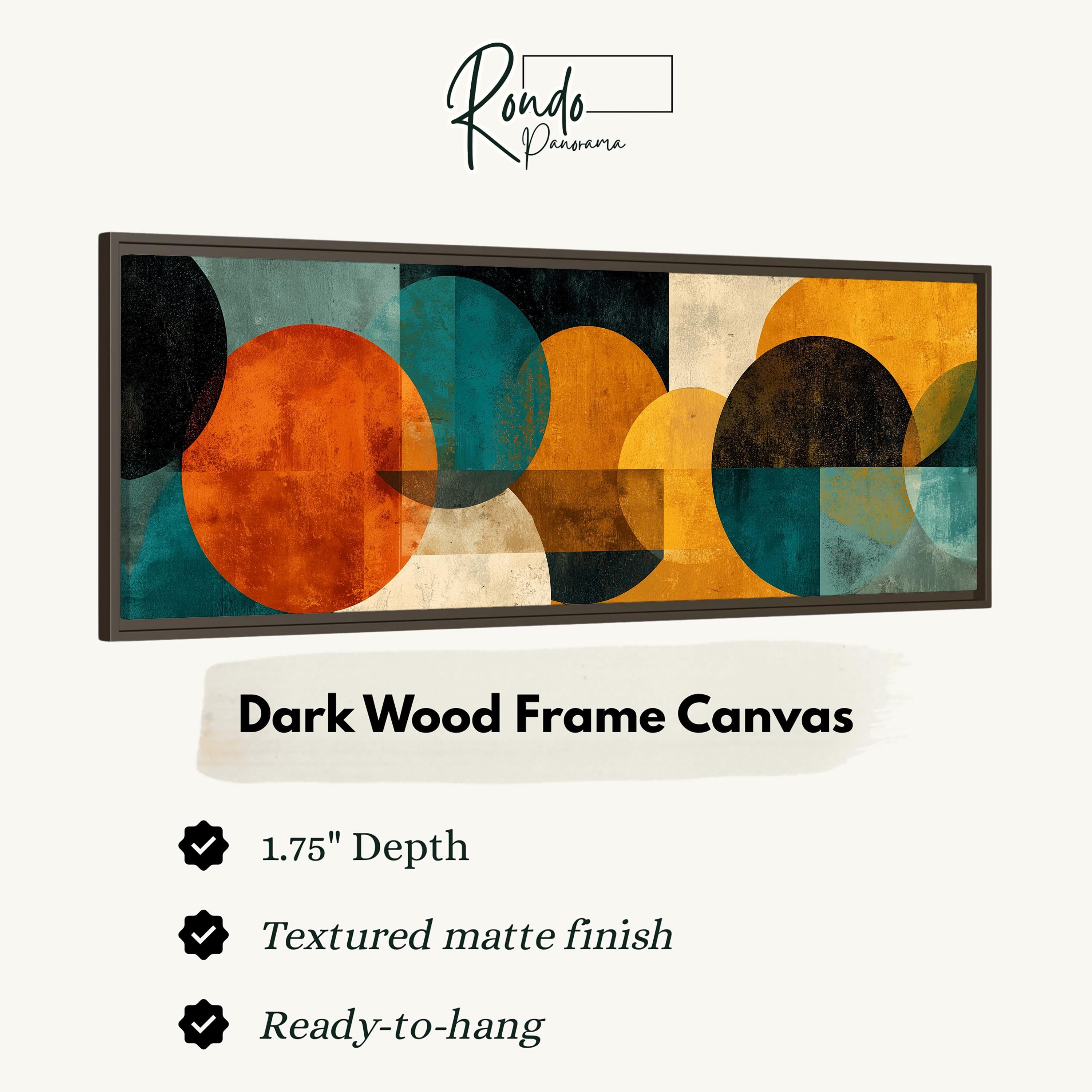 The image is a framed artwork featuring abstract geometric shapes in various colors, including orange, green, and blue. The artwork is described as a "Dark Wood Frame Canvas" with a 1.75" depth, a textured matte finish, and a ready-to-hang condition.