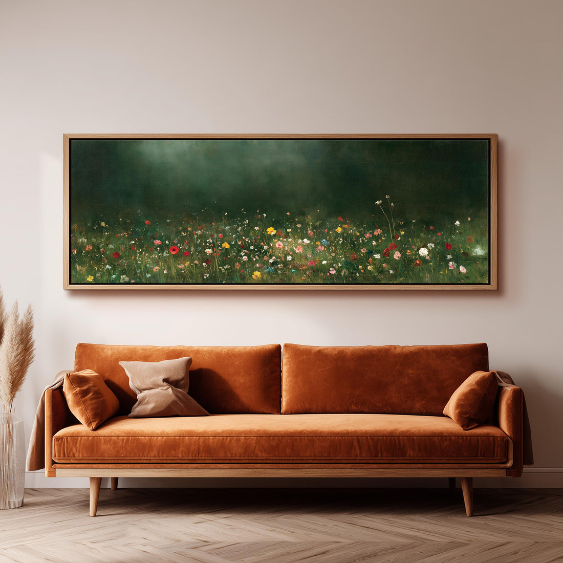 Wildflower meadow at the edge of a dark forest long horizontal canvas print above a sofa in a living room