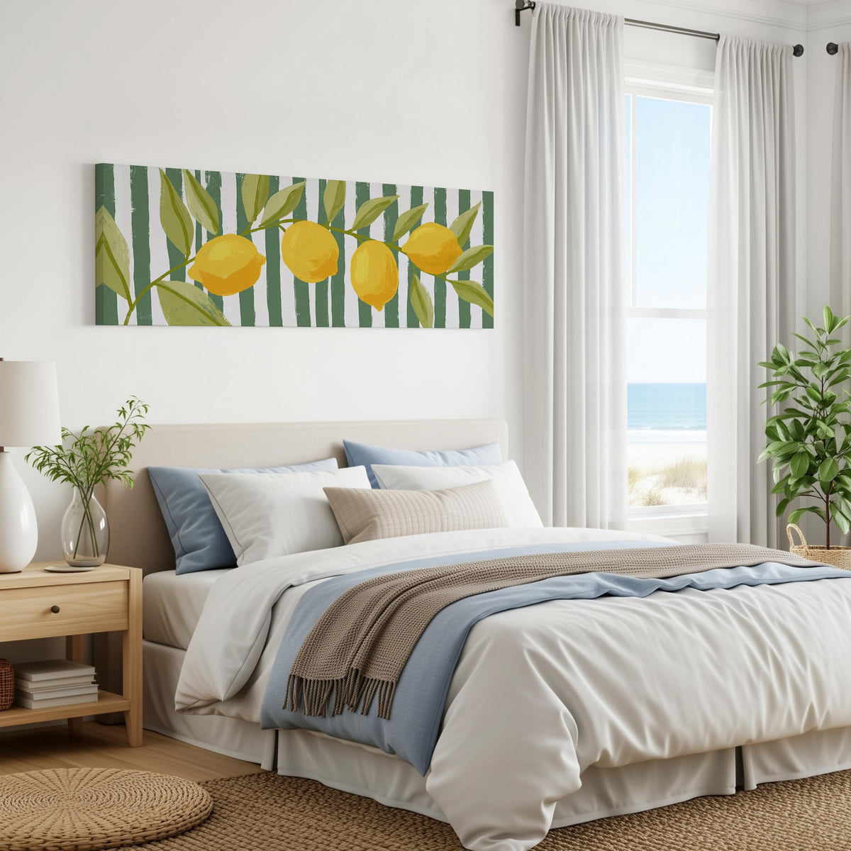 Lemon branch on green stripes panoramic canvas print above a bed in a coastal bedroom
