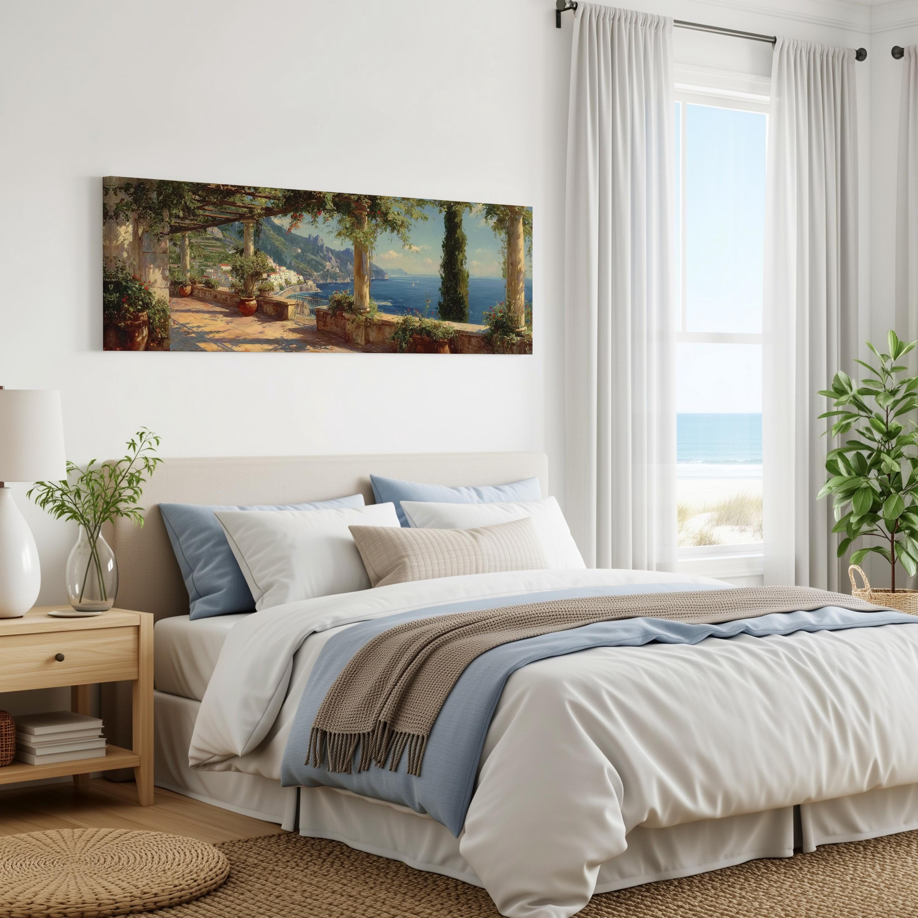 a serene bedroom with a large bed, a nightstand, and a painting of a coastal landscape hanging on the wall. The room has a calming and peaceful atmosphere, with natural light coming in through the window and a view of the ocean.