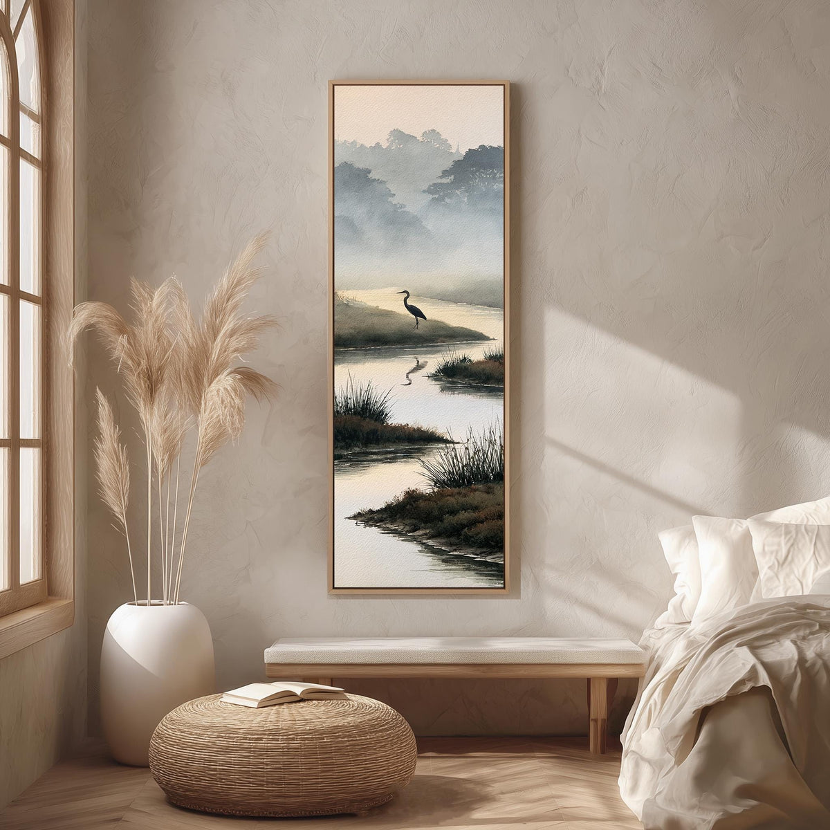 Heron in a misty wetland stream long vertical canvas print in a bright reading corner