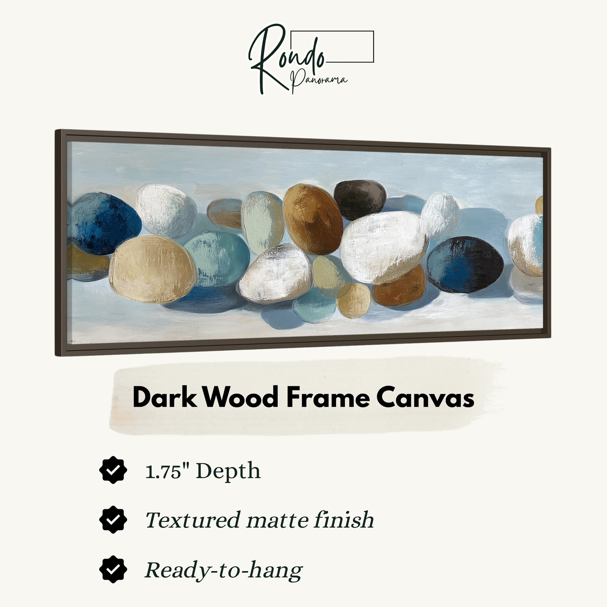 The image is a framed canvas depicting a collection of various colored rocks or stones, with a dark wood frame.