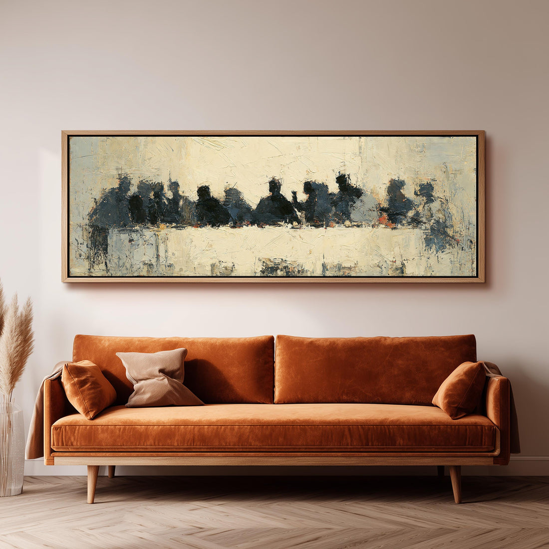 Abstract silhouette Last Supper long horizontal canvas print above a sofa in a living room