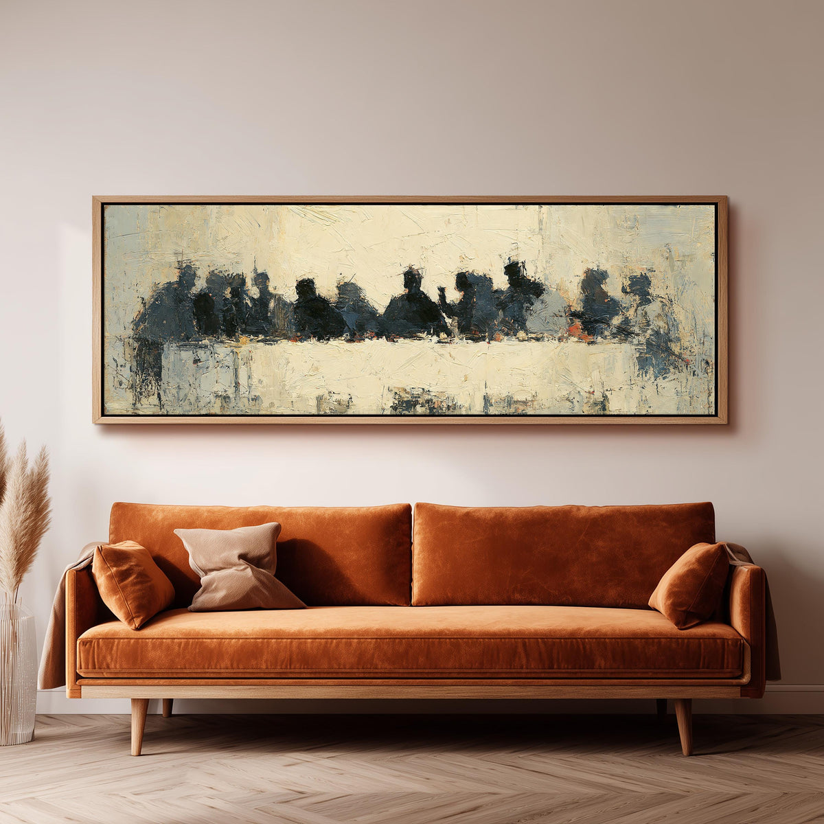 Abstract silhouette Last Supper panoramic canvas print above a sofa in a living room