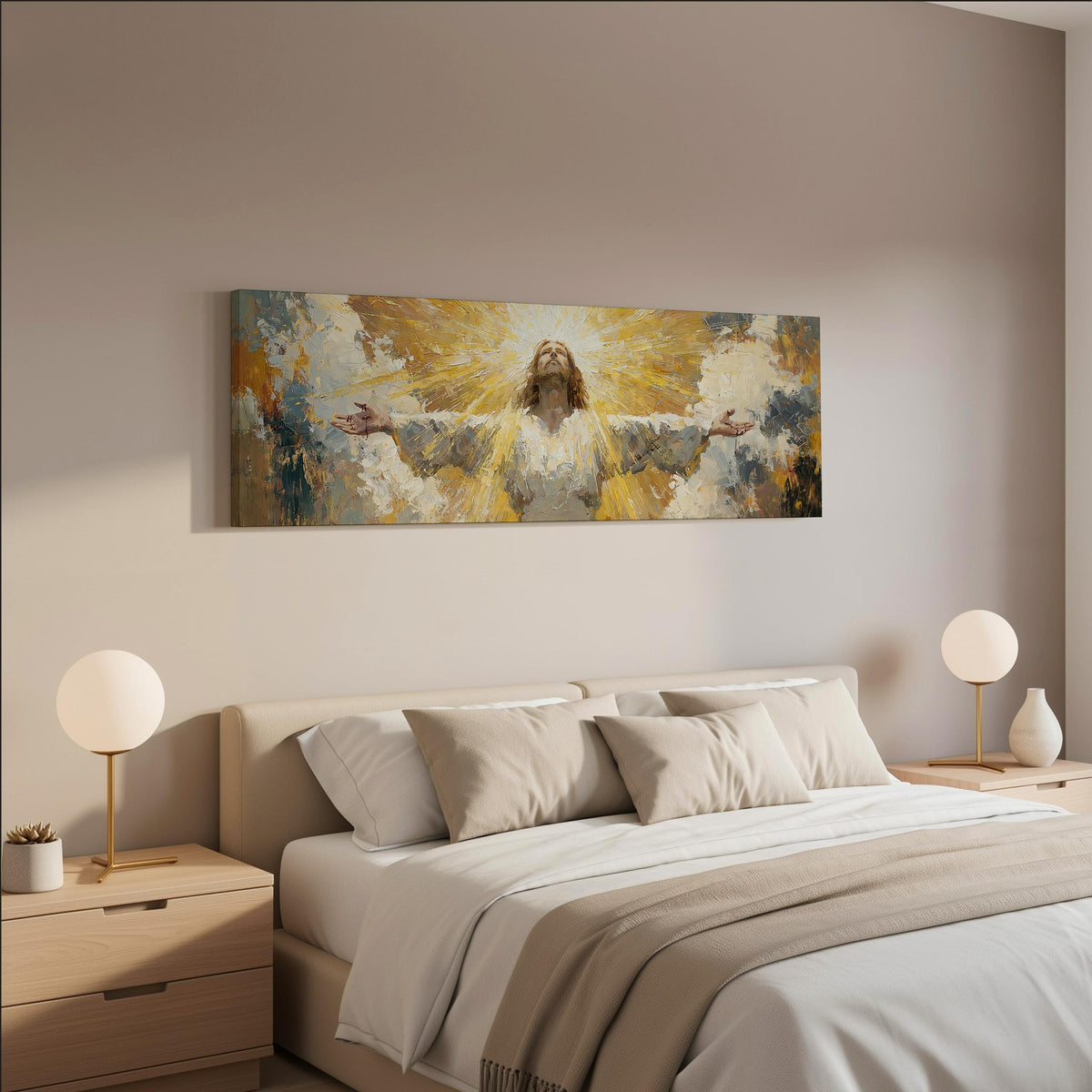 Risen Christ in golden light wide panoramic canvas print above a bed in a neutral bedroom